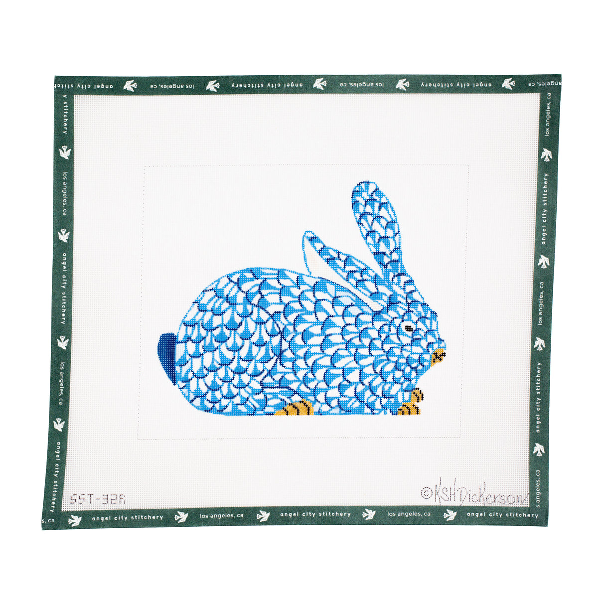 Herend-Inspired Fishnet Bunny (Blue & Gold, Facing Right)