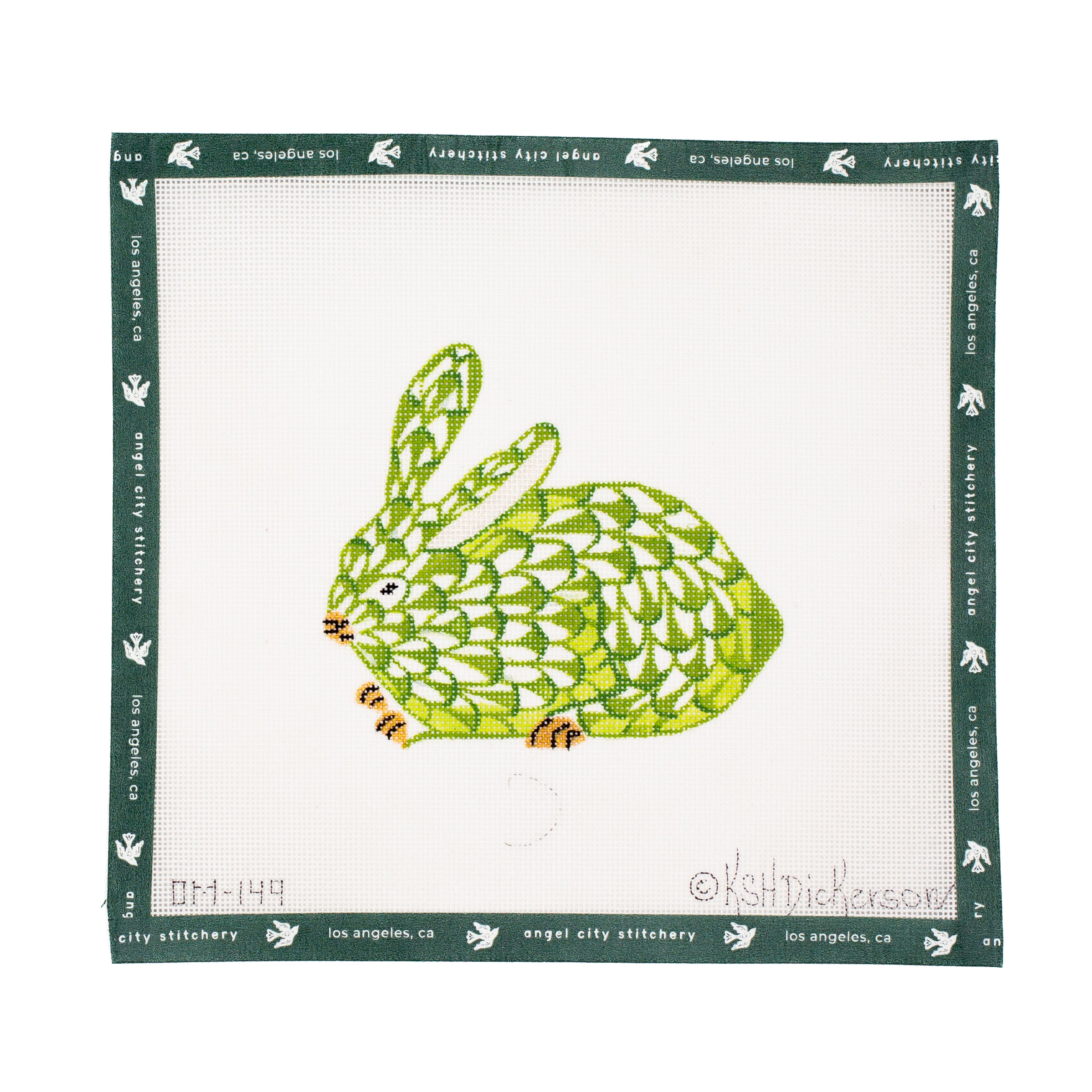Mini Herend-Inspired Crouching Bunny (Lime & Gold)