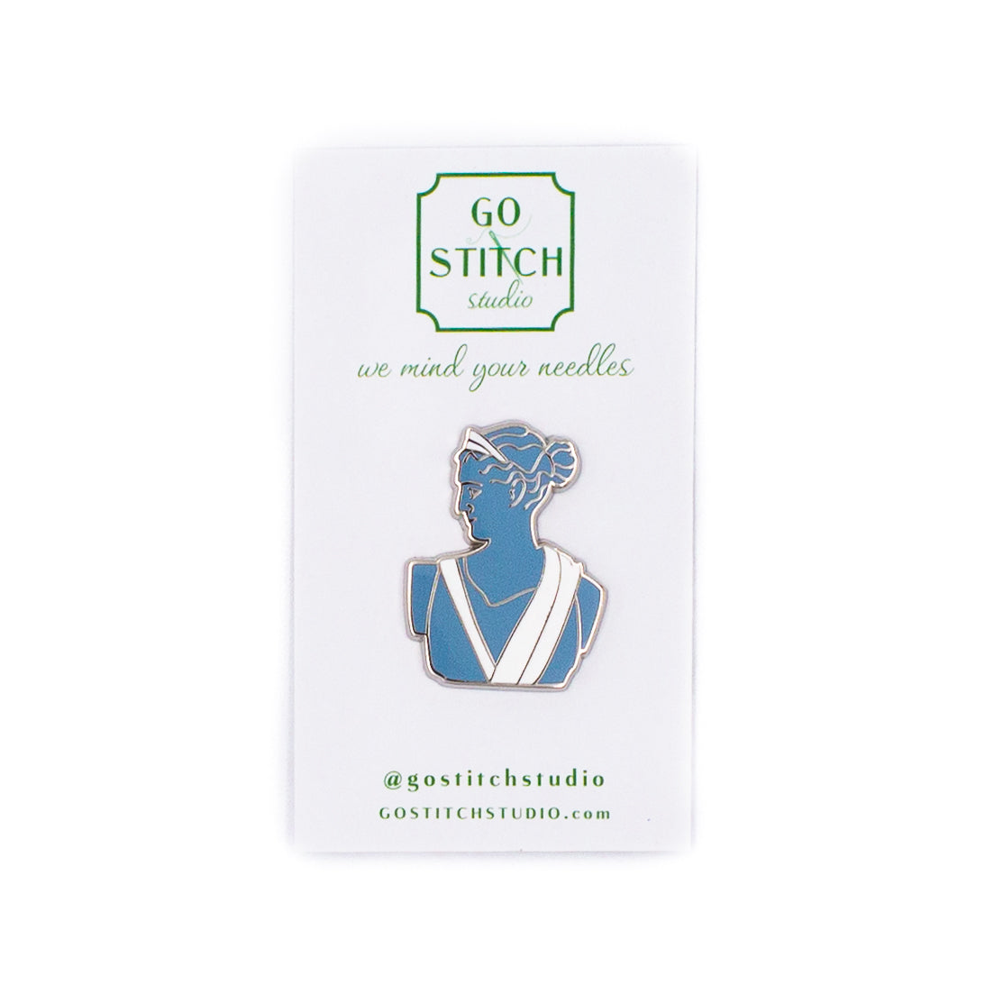 Blue Greek Goddess Statue w/white glitter Needle Minder