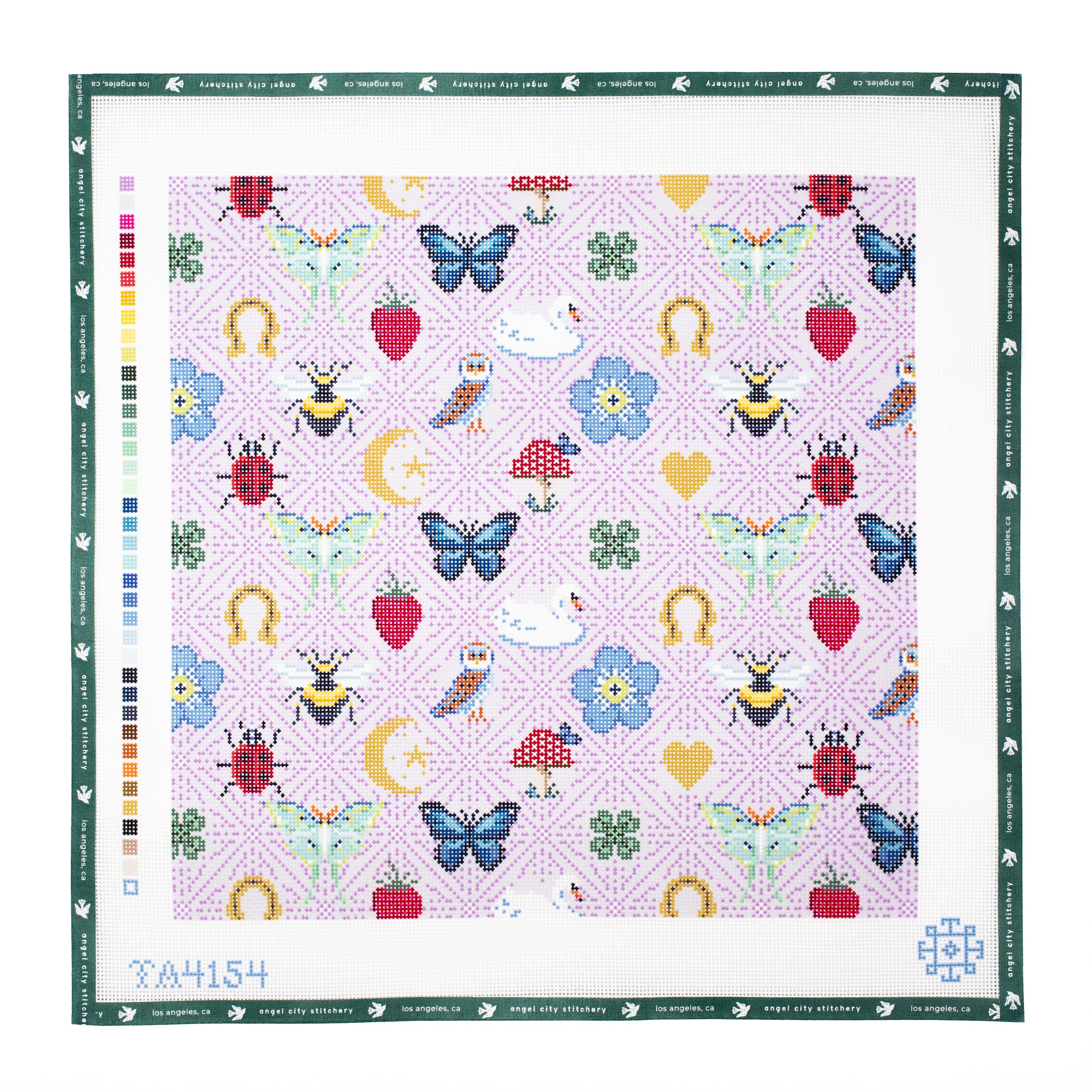 Embroidery canvas pattern with colorful icons on a white background