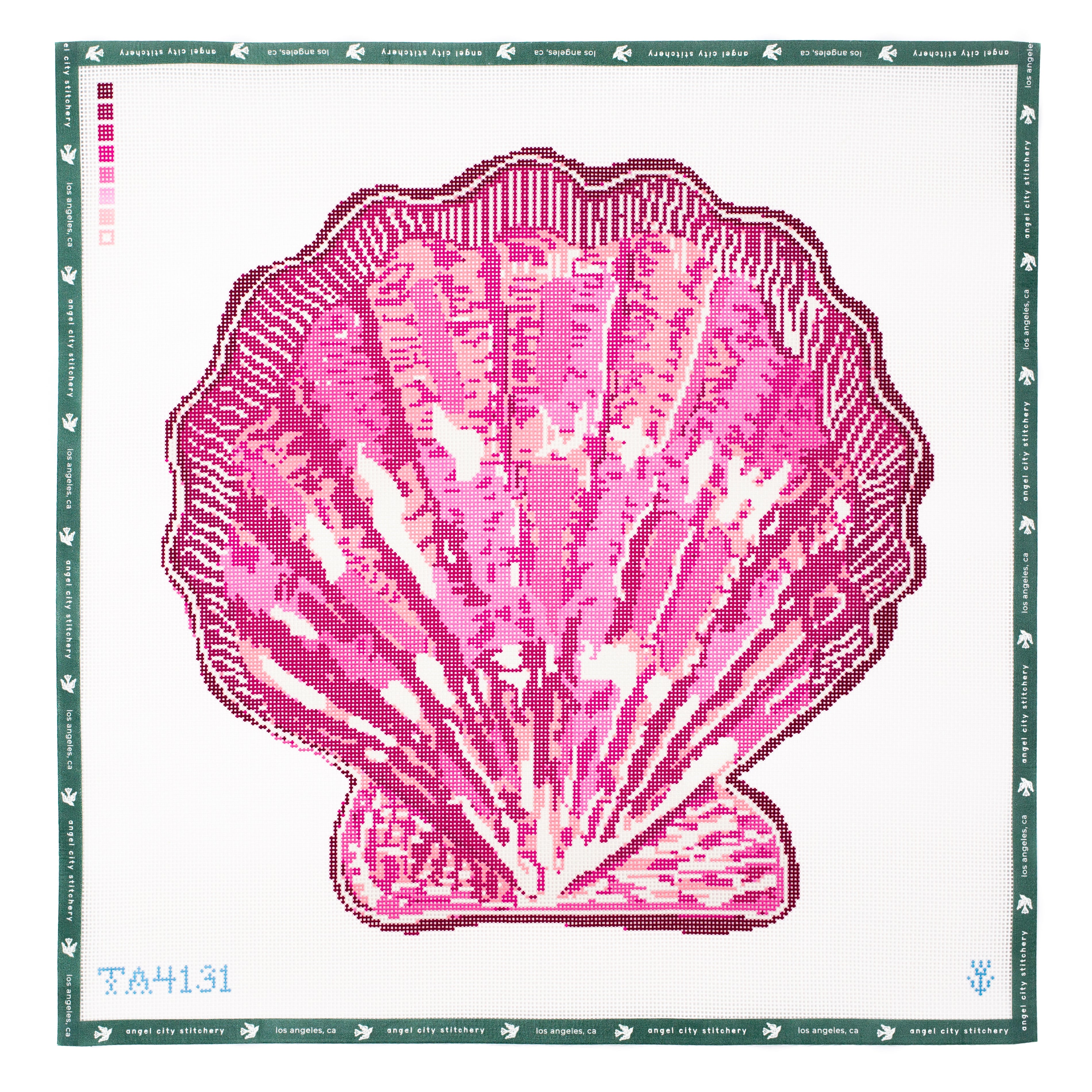 Embroidery canvas Pink shell design on a white background with color swatch at the top.