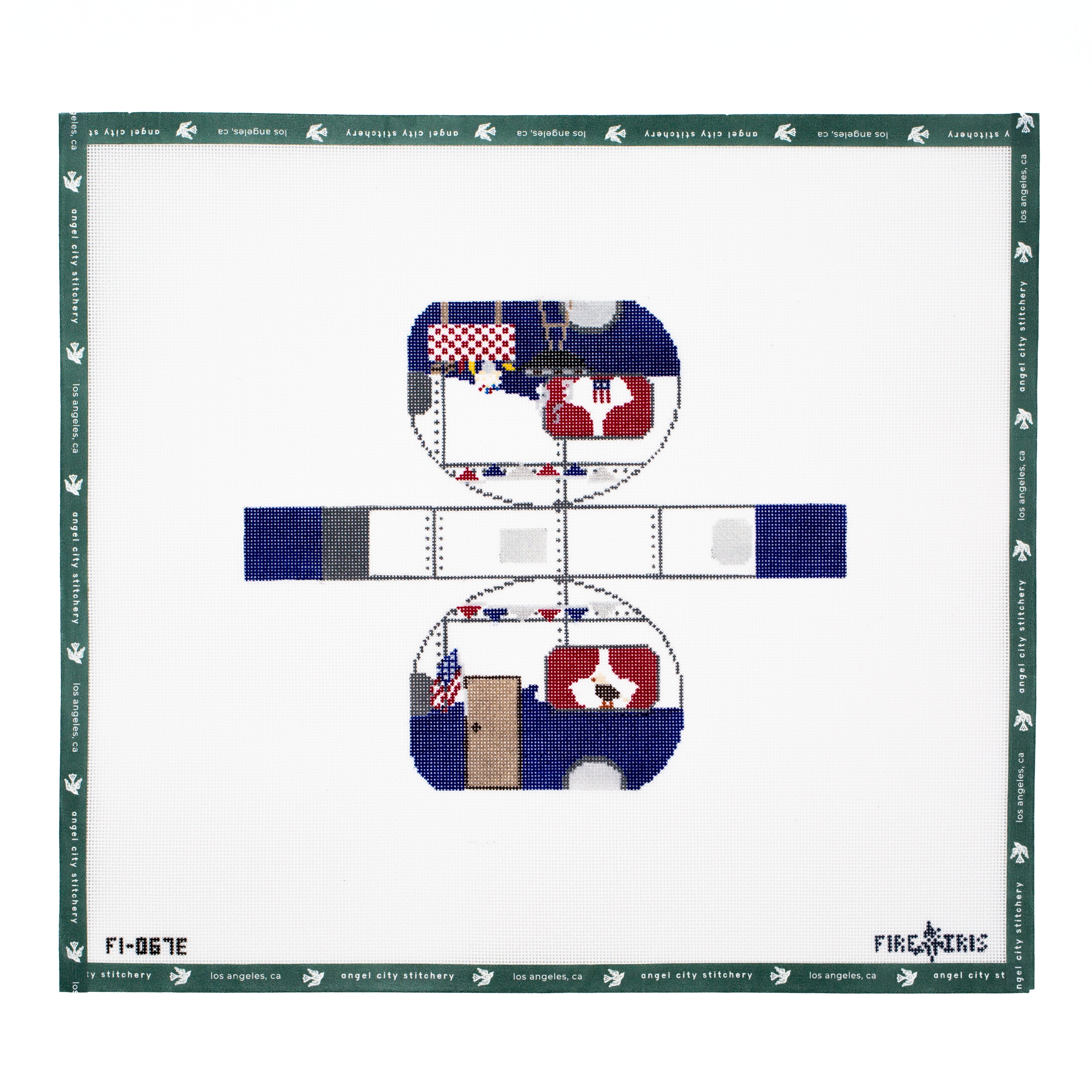 Needlepoint canvas 3D pattern with a frame featuring July Airstream.