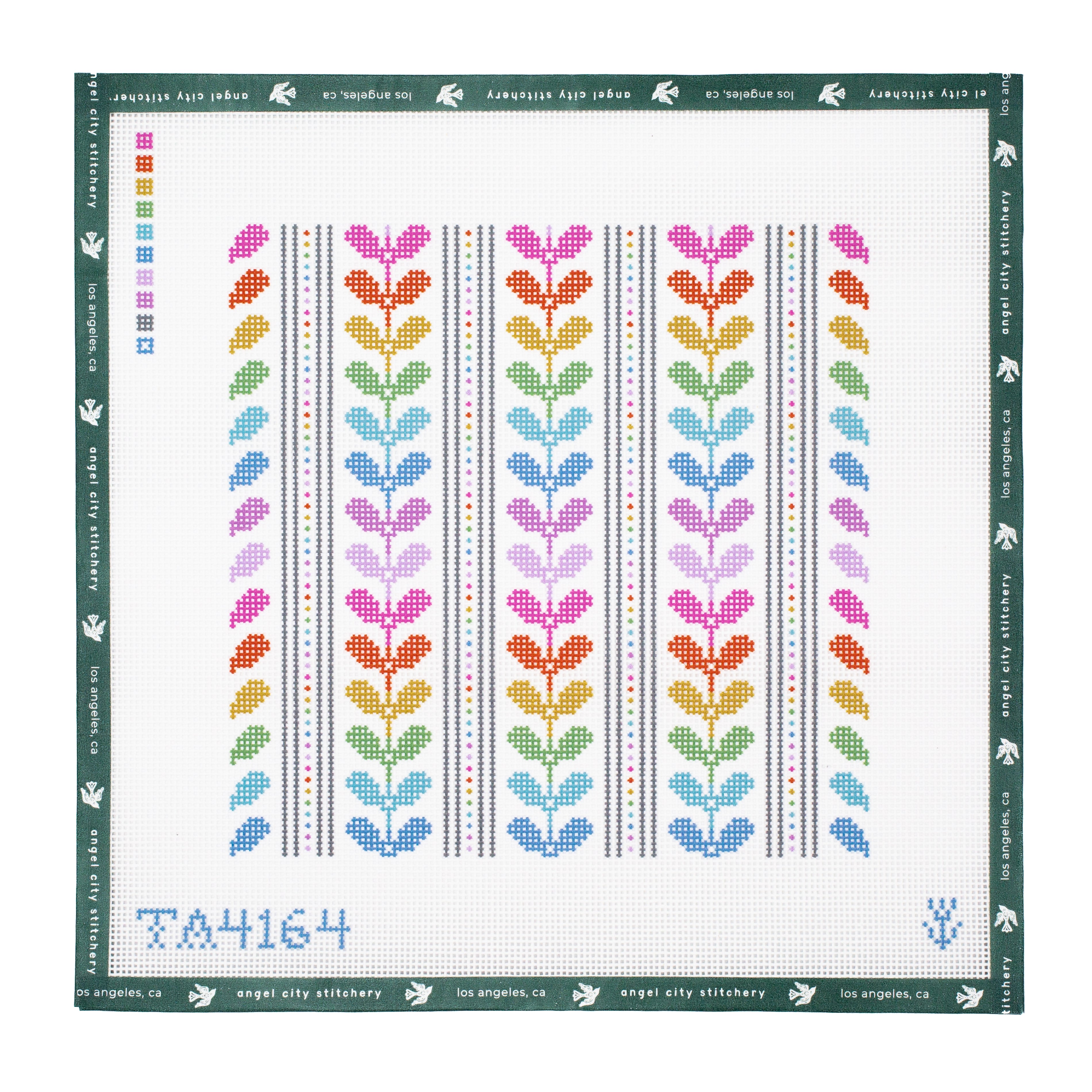 Embroidery canvas pattern with colorful floral design on a white background