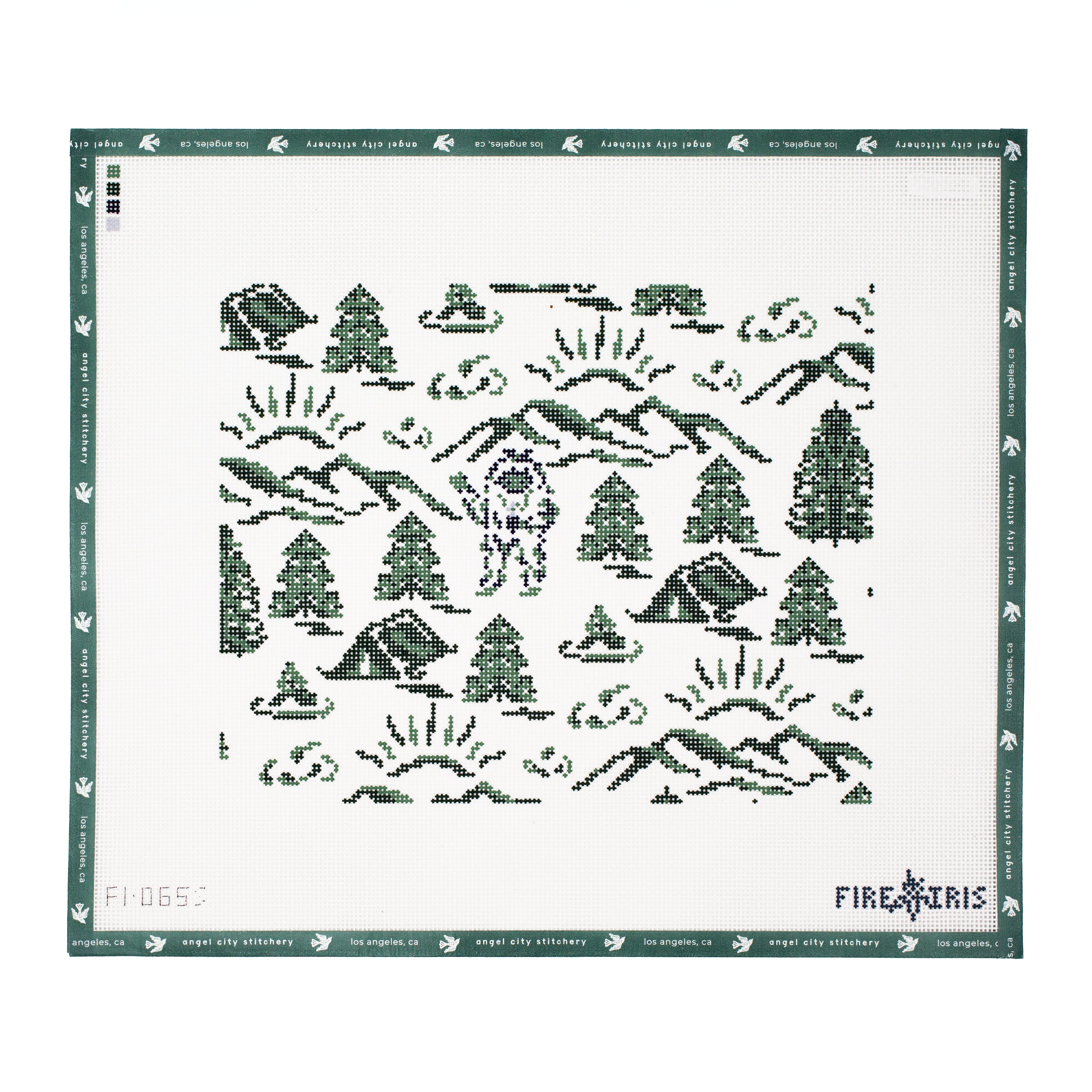 Needlepoint canvas Embroidery pattern with nature-themed bigfoot design on a white background