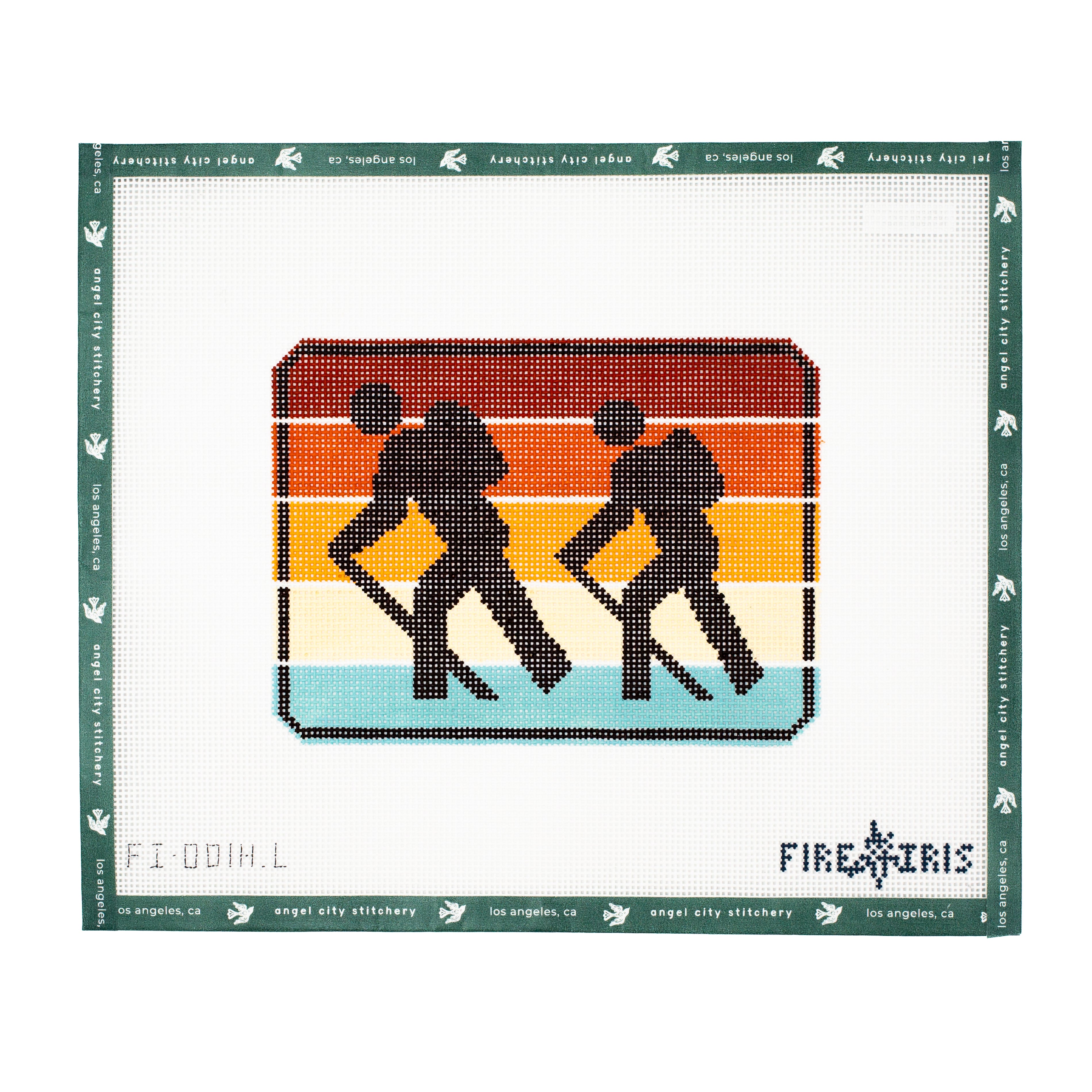 Needlepoint canvas design of three people walking with colorful pattern on a white background