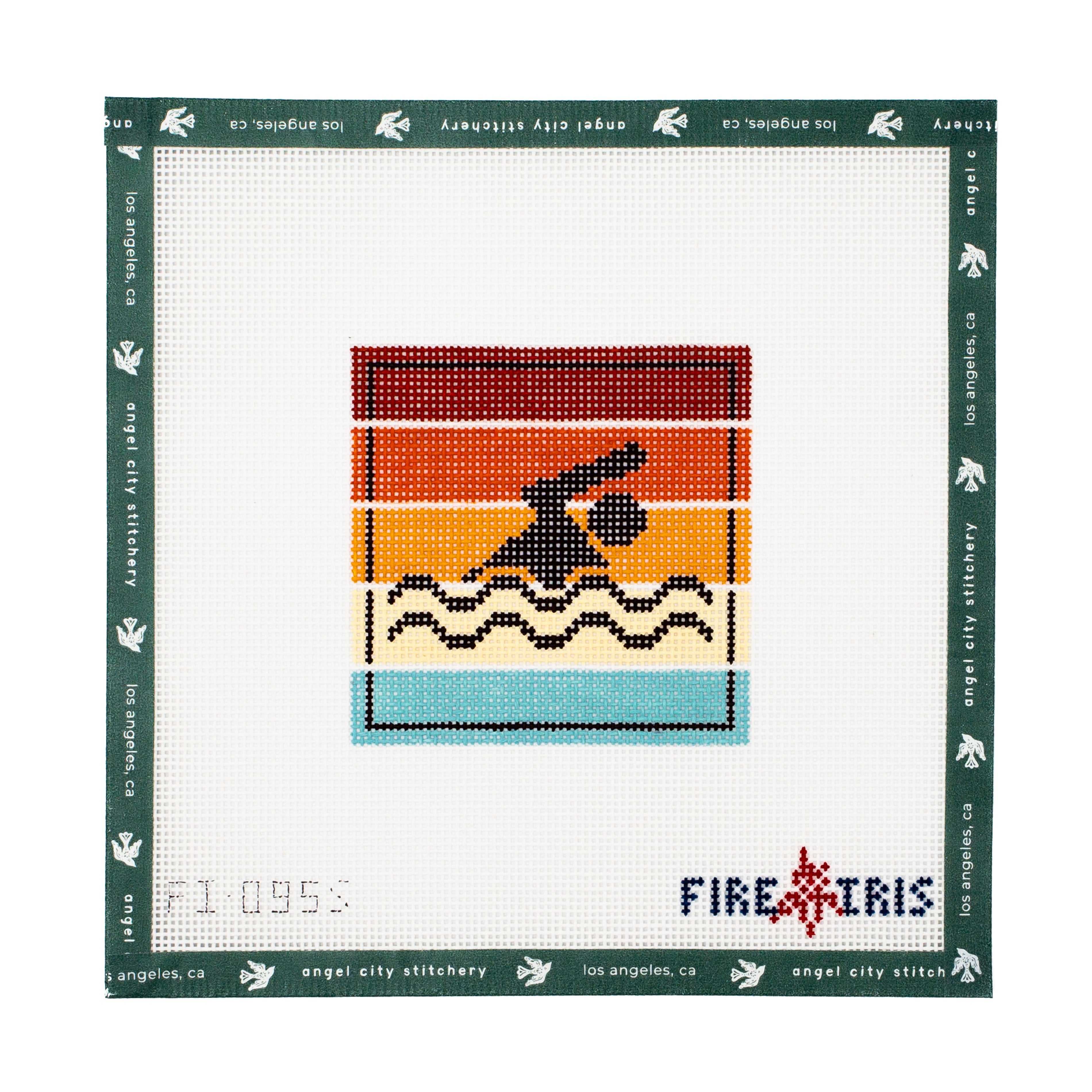 Needlepoint canvas pattern with a swimmer design on a white fabric background, featuring the brand 'Fire Iris'.