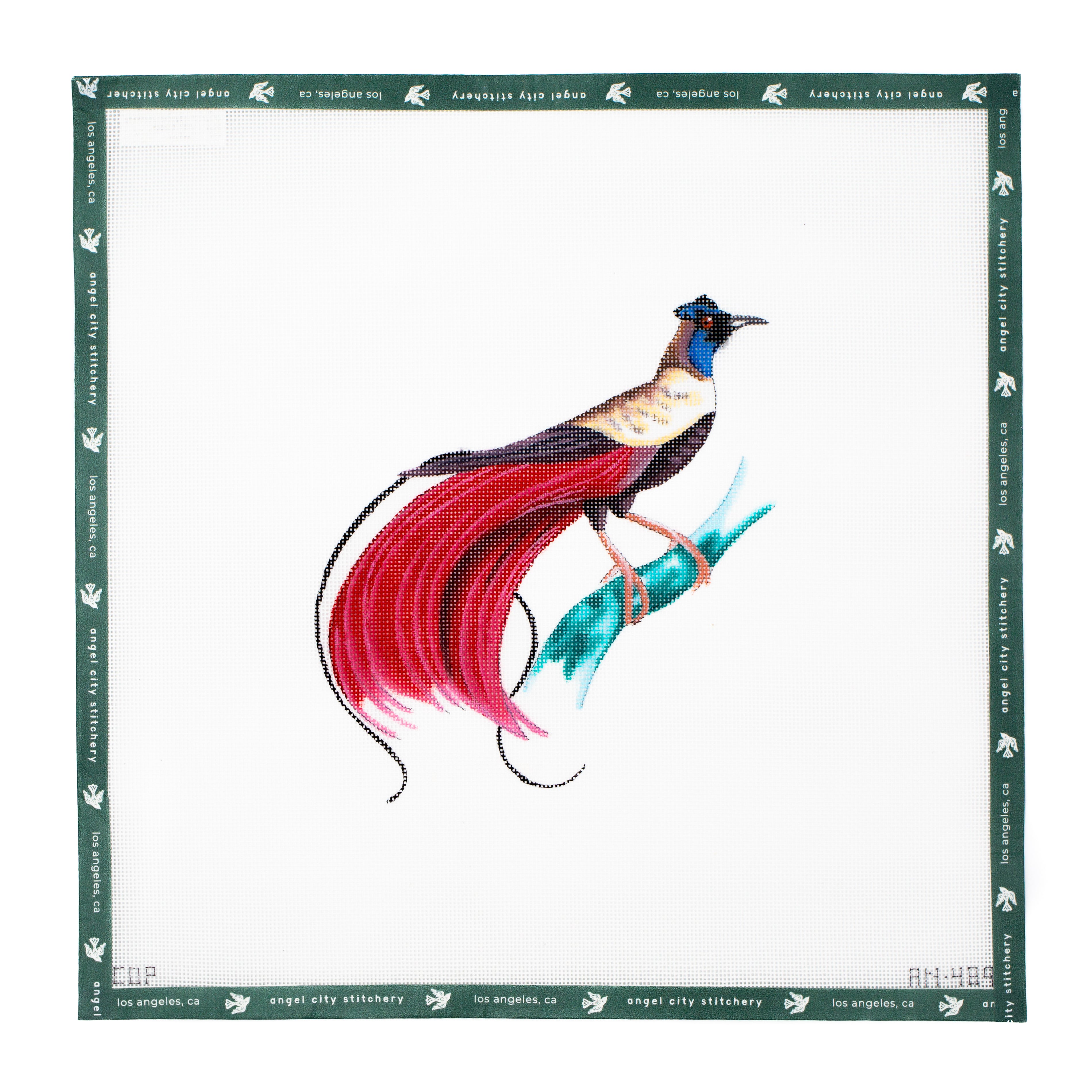 Embroidery canvas Colorful bird design on a white background with green border