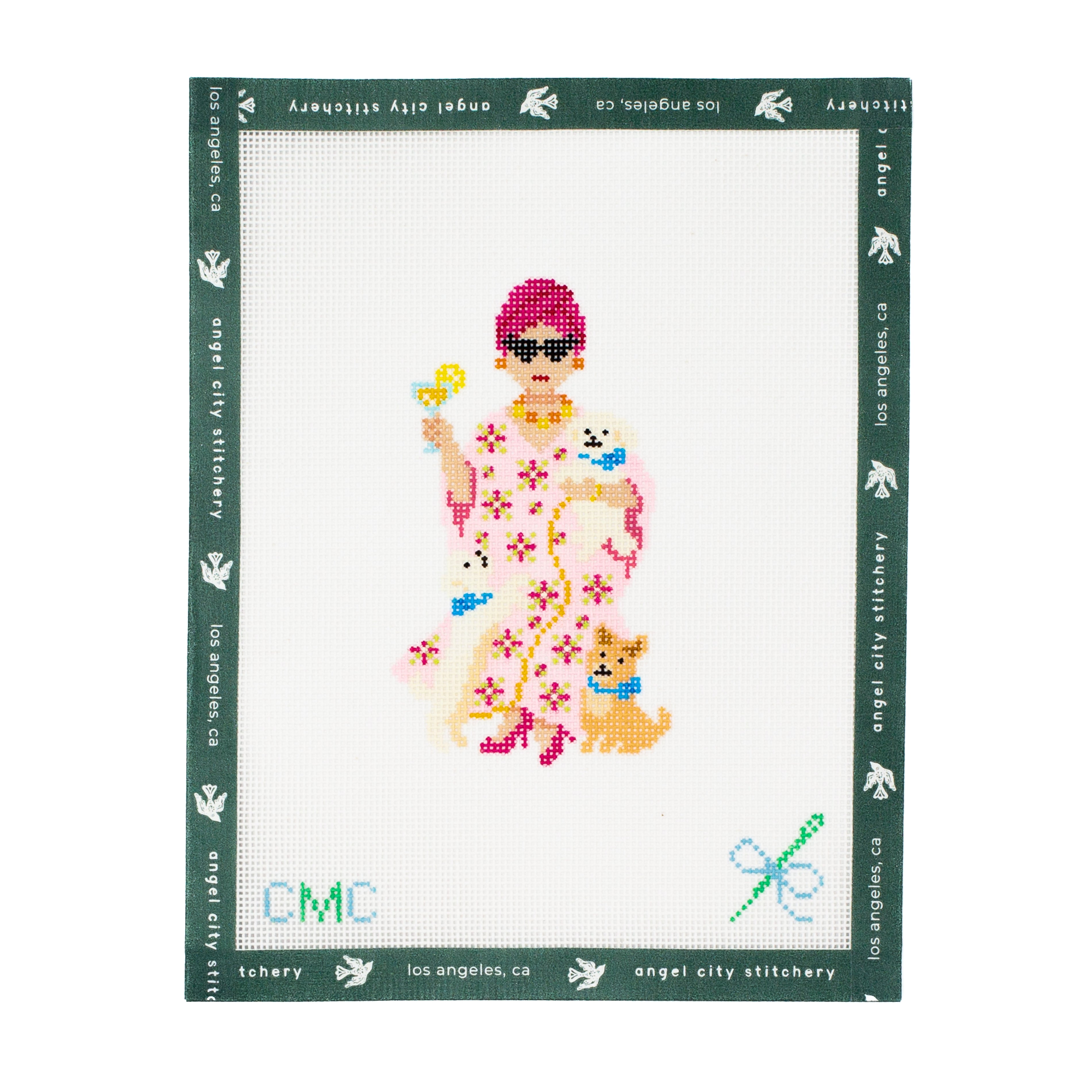 Embroidery canvas pattern with a woman in a kimono and sunglasses on a white background