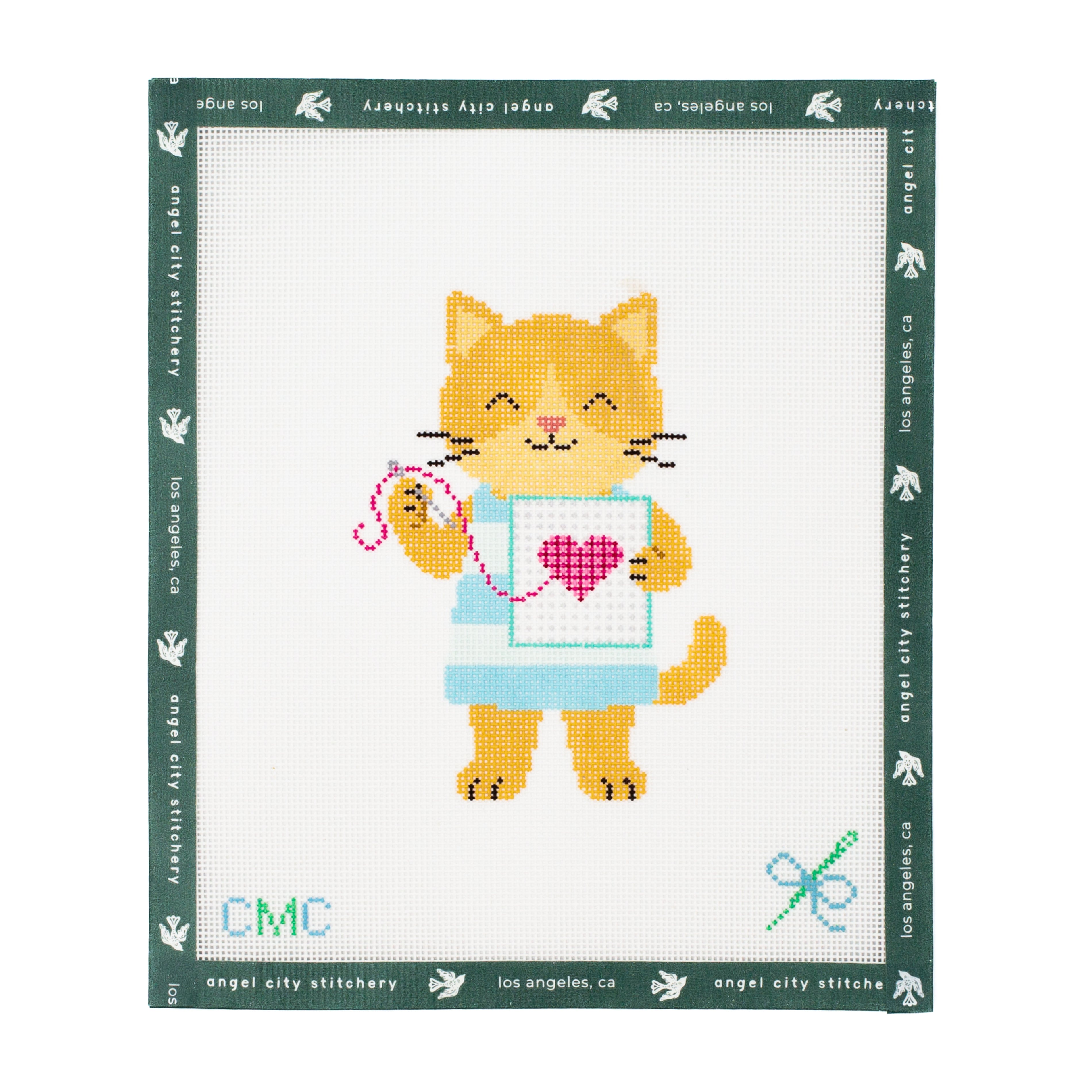 Embroidery canvas pattern of a cat holding a heart and knitting needles on a white background with green border.