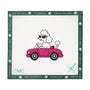 Embroidery canvas design of a poodle in a pink car with 'CMC' branding on a white background.