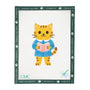 Embroidery canvas pattern of a cat reading a book with 'Angel City Stitchery' branding.