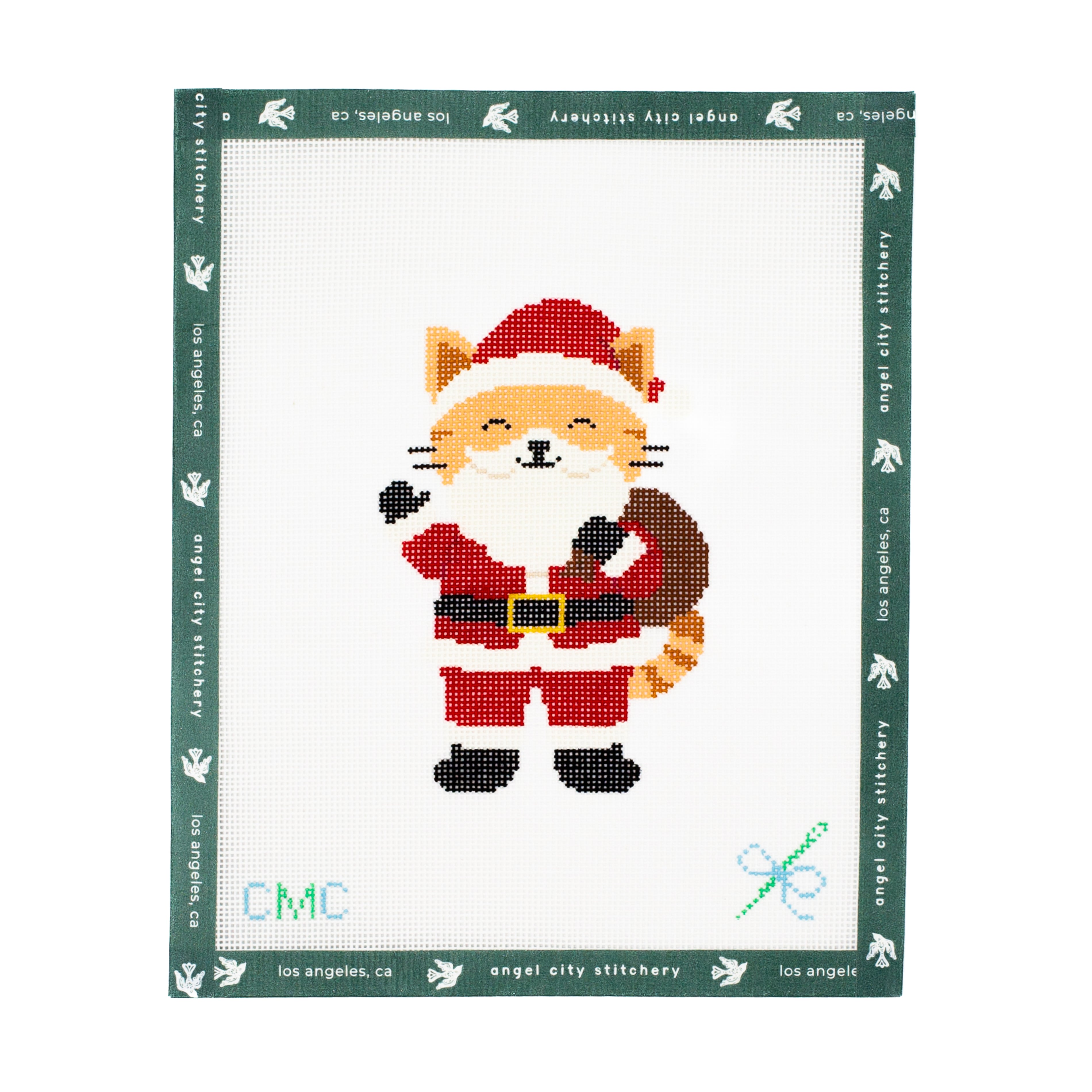 Embroidery canvas pattern of a cat in Santa Claus attire on a white background with green border.