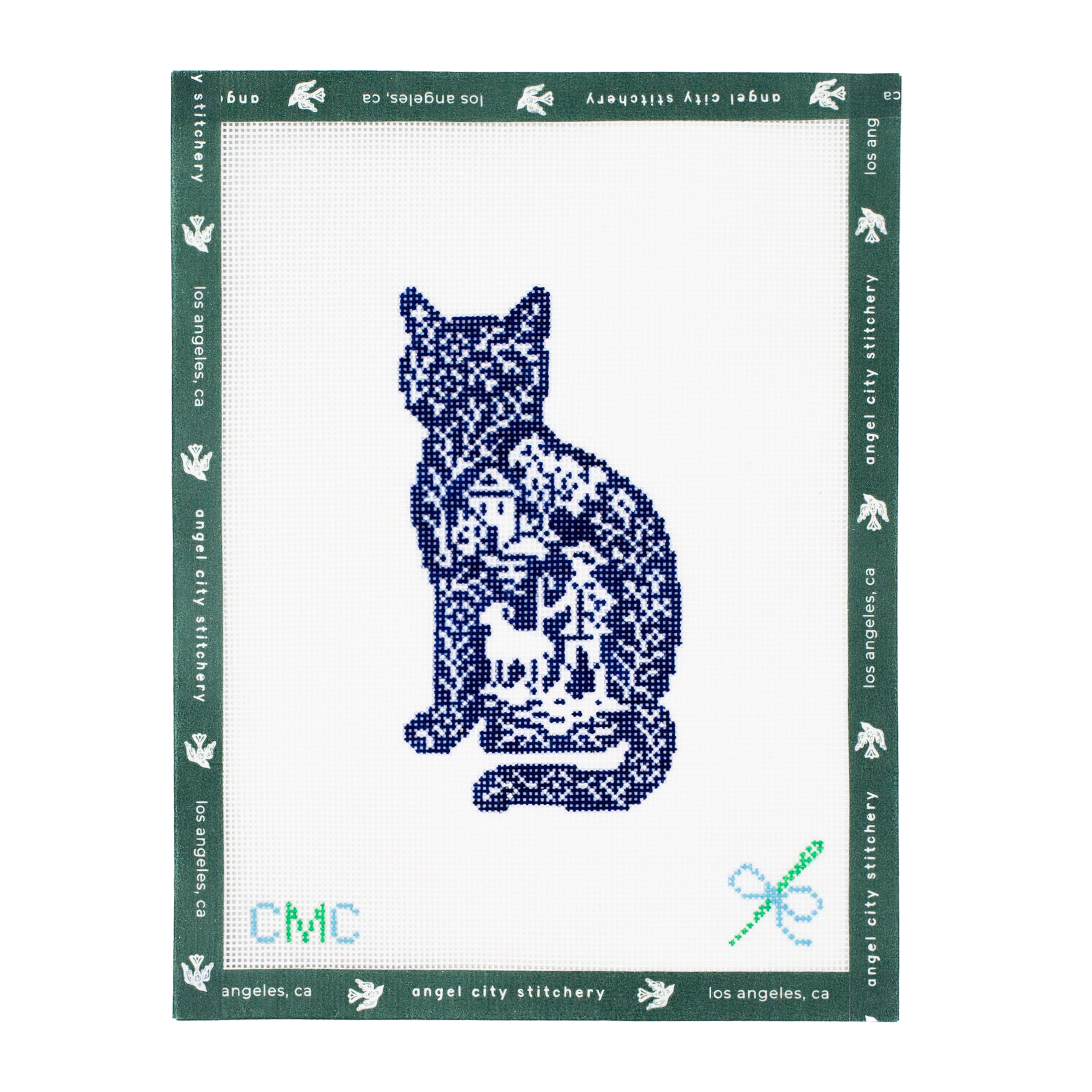 Embroidery canvas pattern of a cat on fabric with 'Angel City Stitchery' branding.