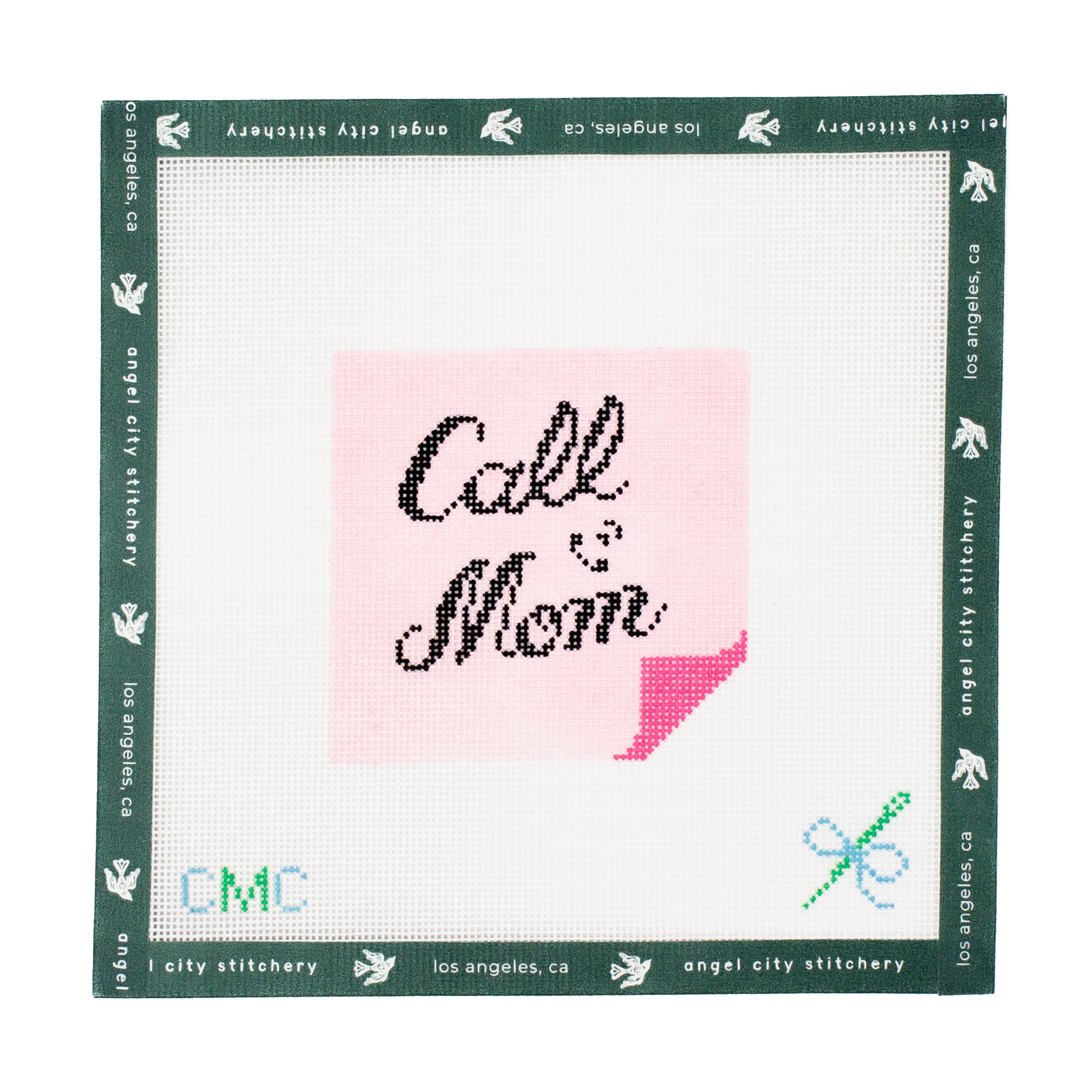 Embroidery canvas kit with 'Call Mom' design on a pink square, framed by green border with brand logos.