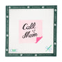Embroidery canvas kit with 'Call Mom' design on a pink square, framed by green border with brand logos.
