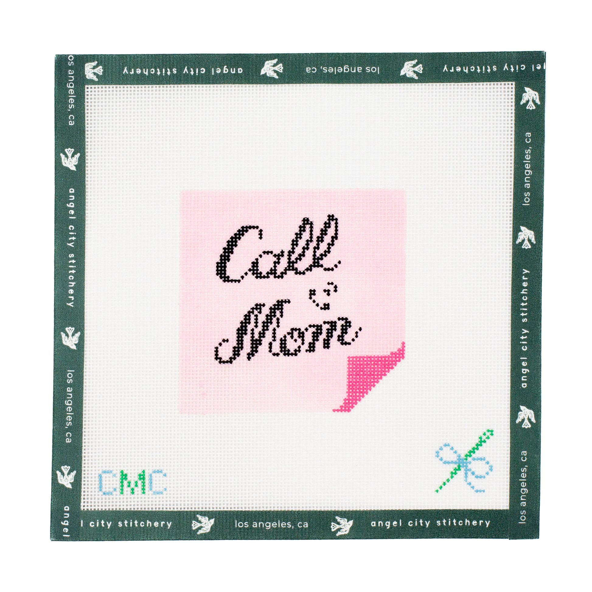 Embroidery canvas kit with 'Call Mom' design on a pink square, framed by green border with brand logos.