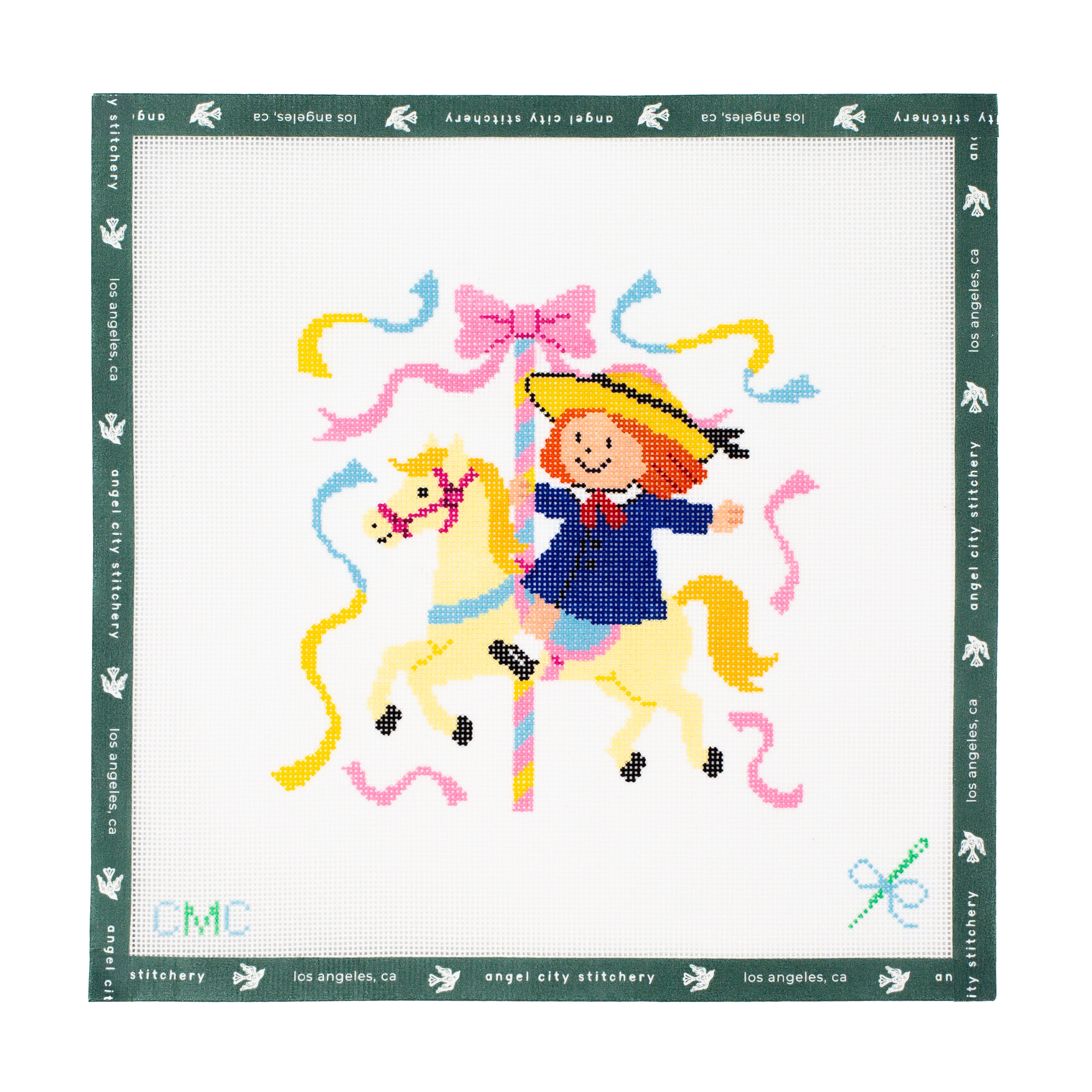 Embroidery canvas design of a girl riding a horse with colorful ribbons on a white background.