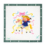 Embroidery canvas design of a girl riding a horse with colorful ribbons on a white background.