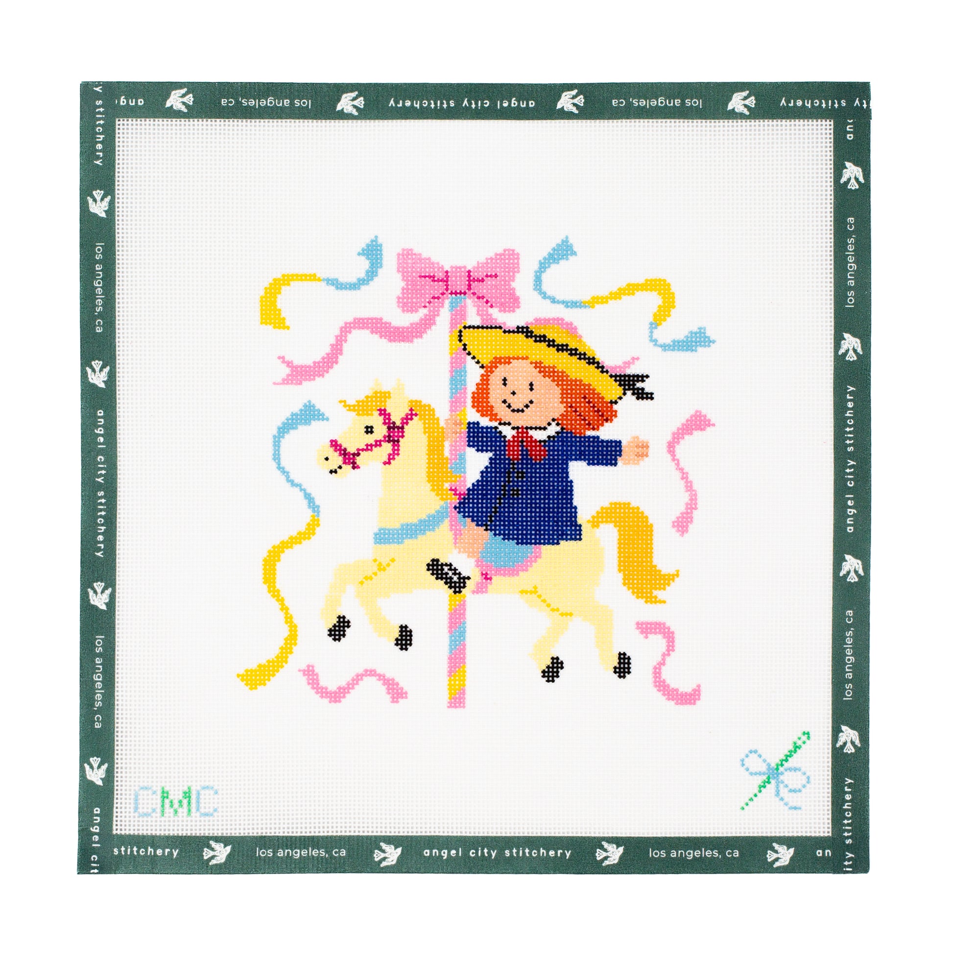 Embroidery canvas design of a girl riding a horse with colorful ribbons on a white background.