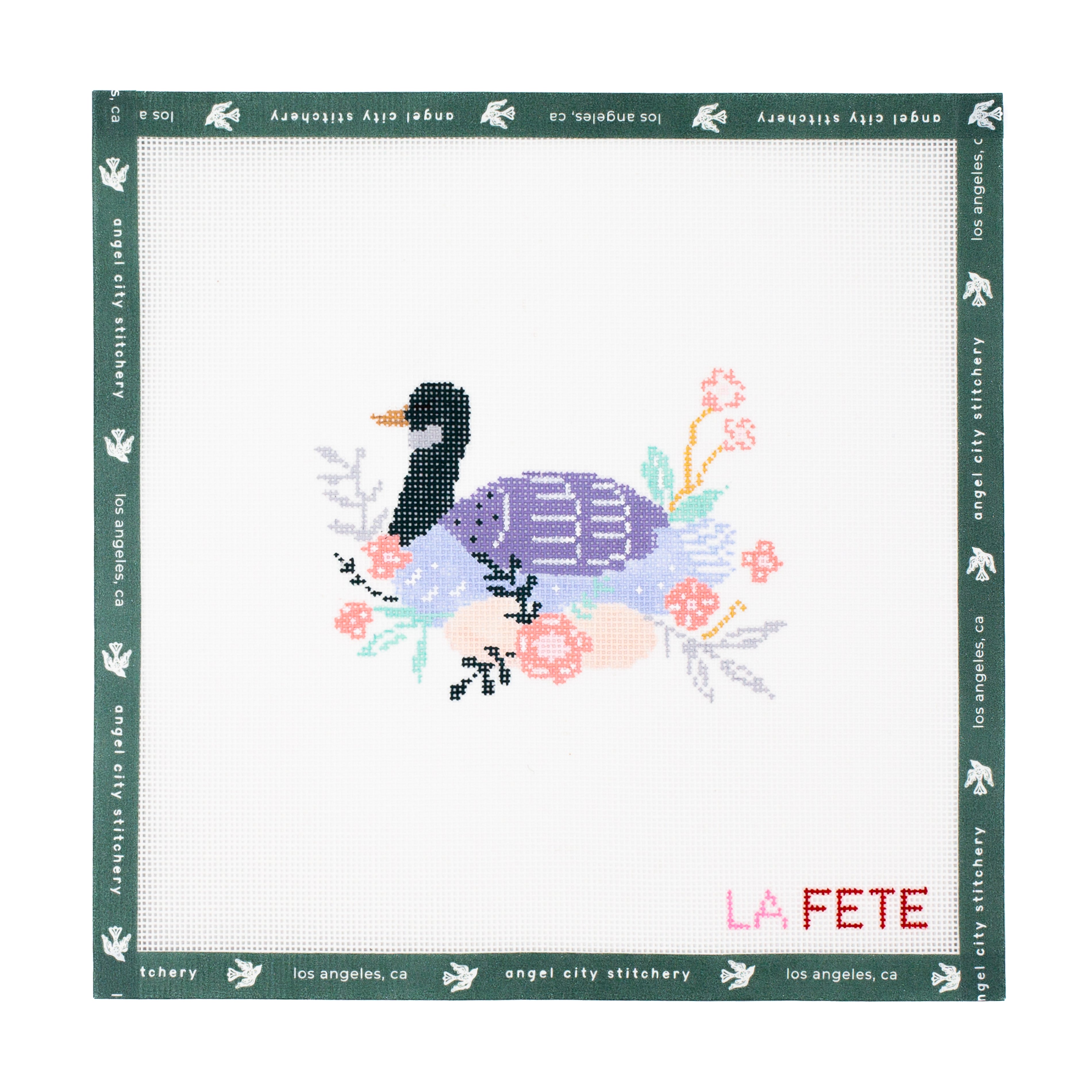 Embroidery canvas pattern with a  duck design and 'LA FETE' text on a white background