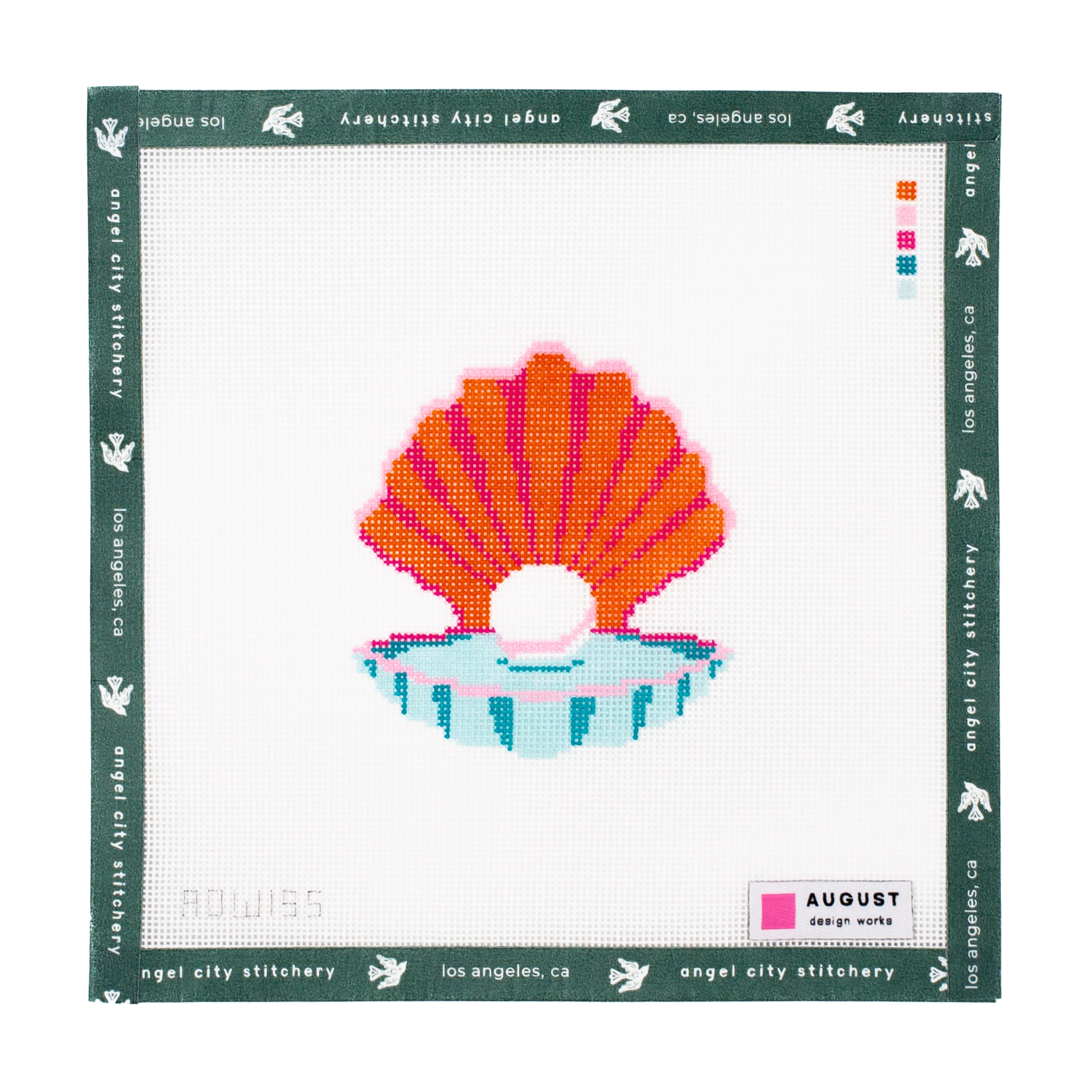 Embroidery canvas pattern with a shell and pearl design on a white background