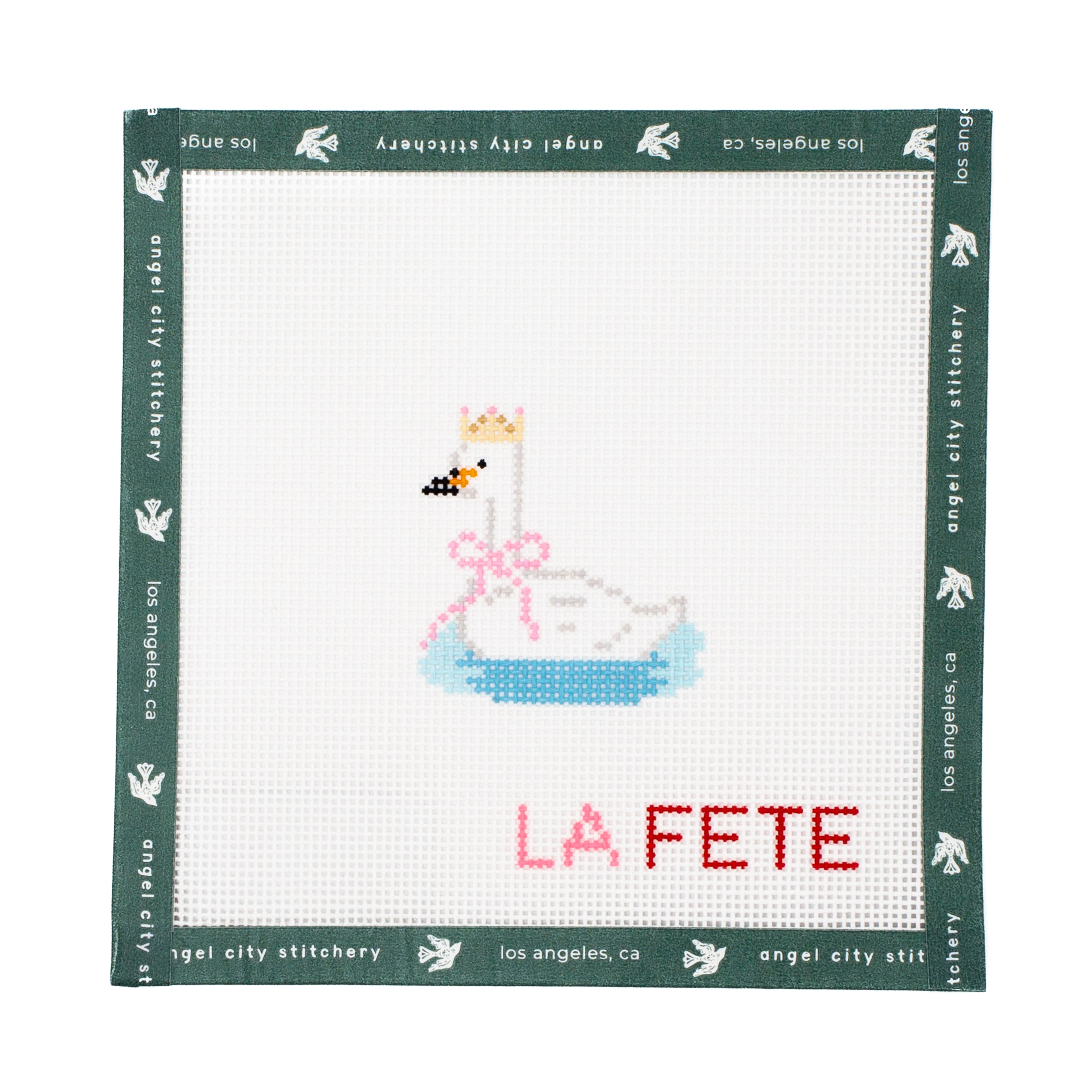 Embroidery canvas design of a swan with 'LA FETE' text on a white background with green border.