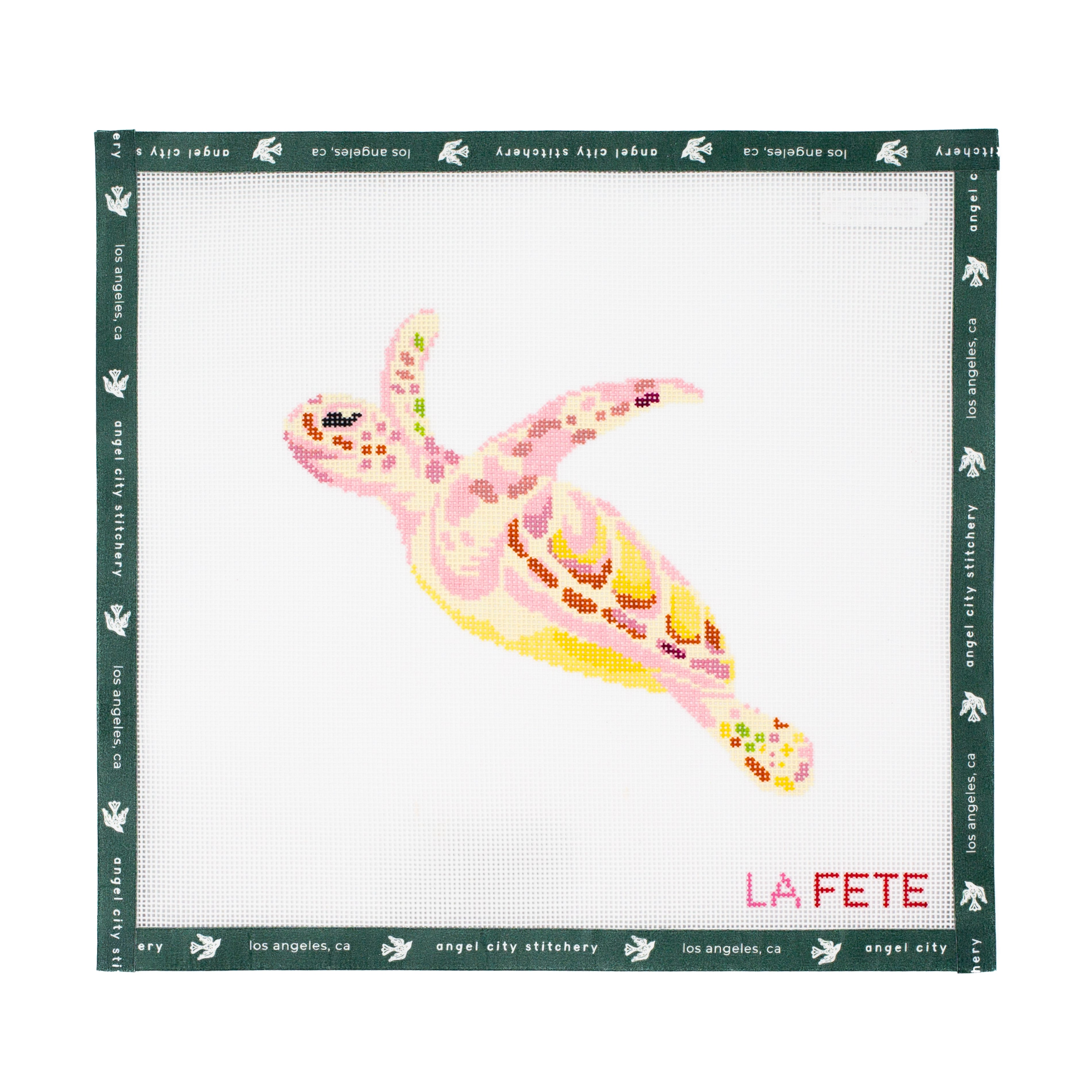 Needlepoint canvas pattern with a colorful turtle design on a white background, featuring the brand 'Angel City Stitchery'.