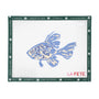Needlepoint canvas blue fish design with 'La Fete' branding
