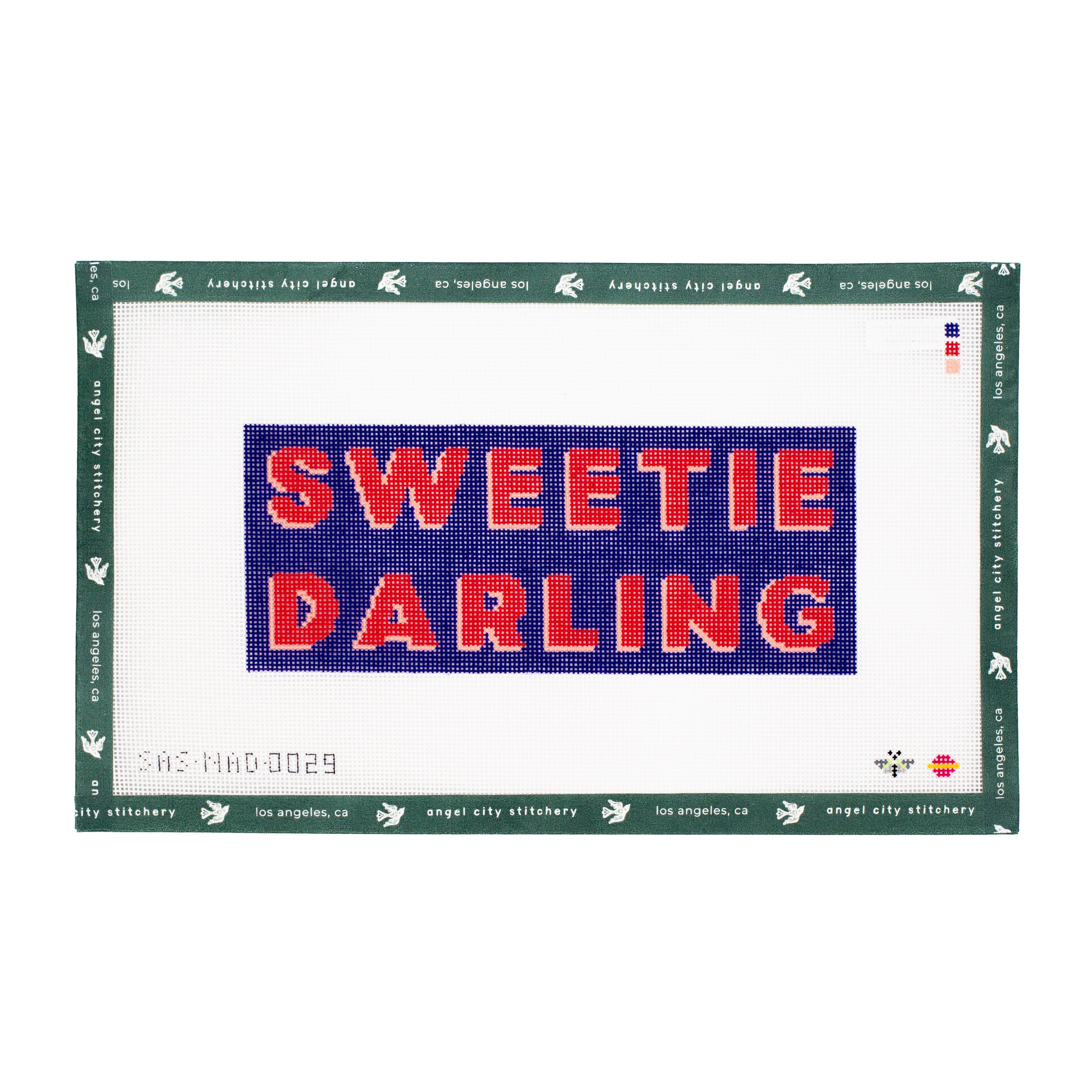 Embroidery design with 'SWEETIE DARLING' text needlepoint canvas   on a white background
