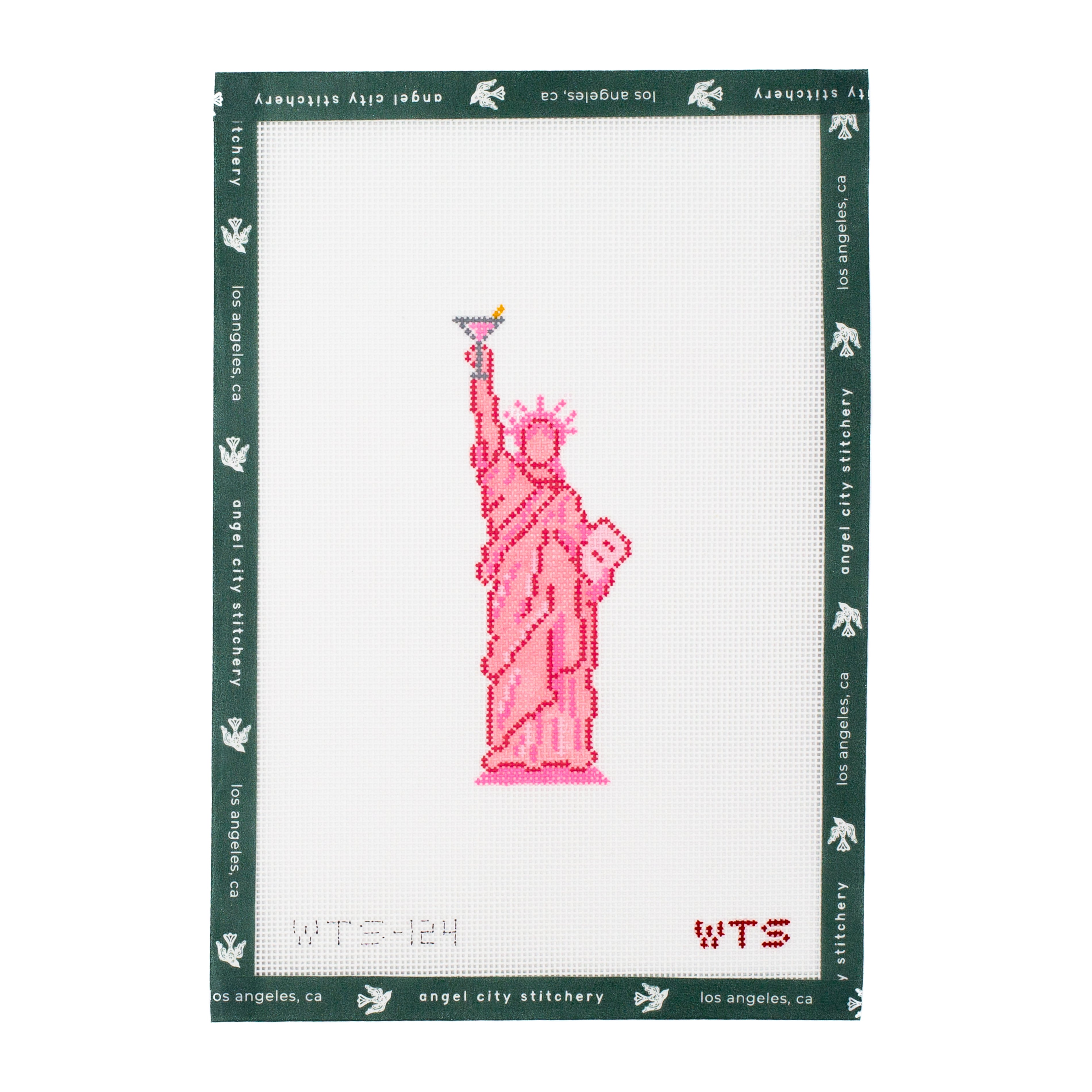 Embroidery canvas Statue of Liberty design on a white background with green border