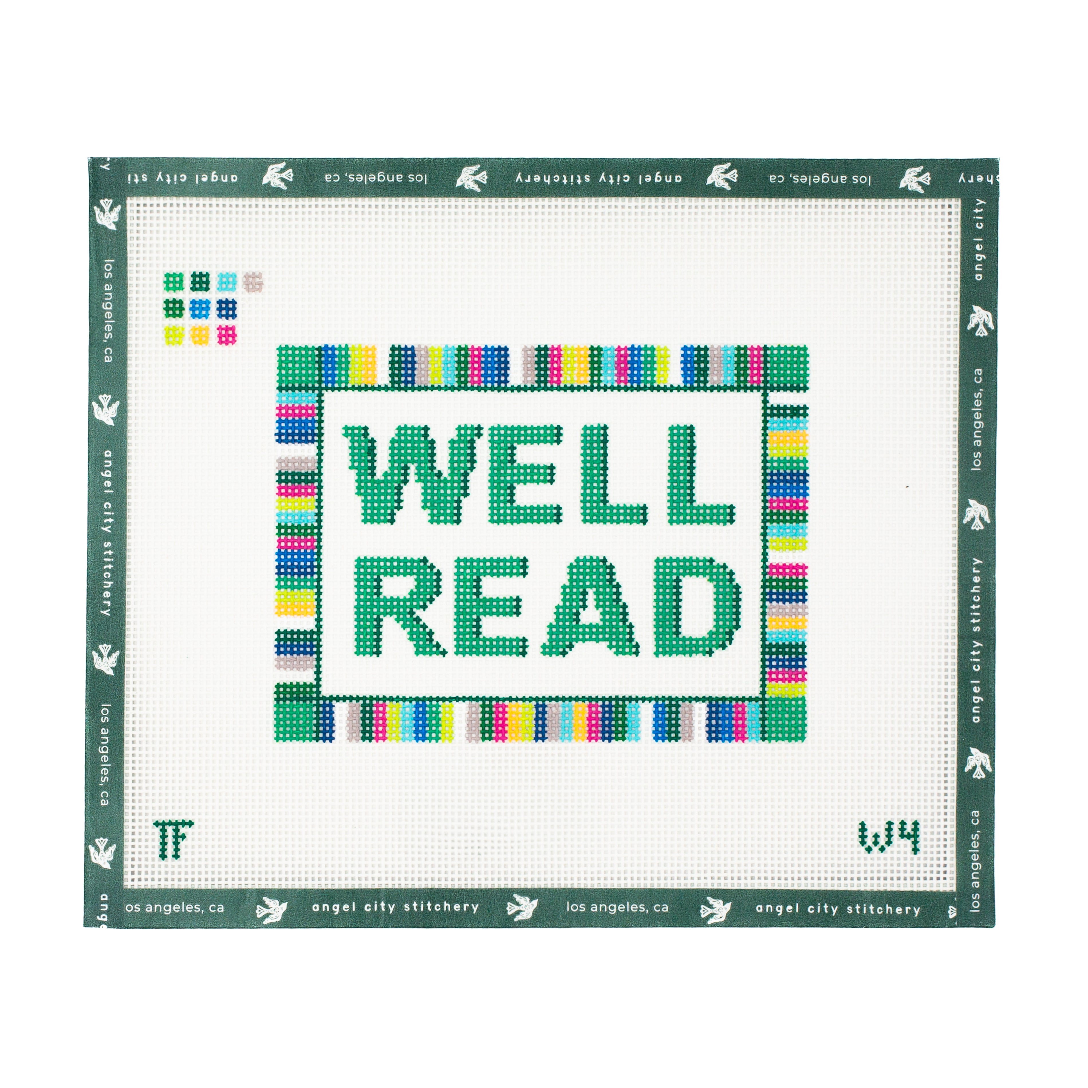 Needlepoint canvas with 'WELL READ' text on a white background