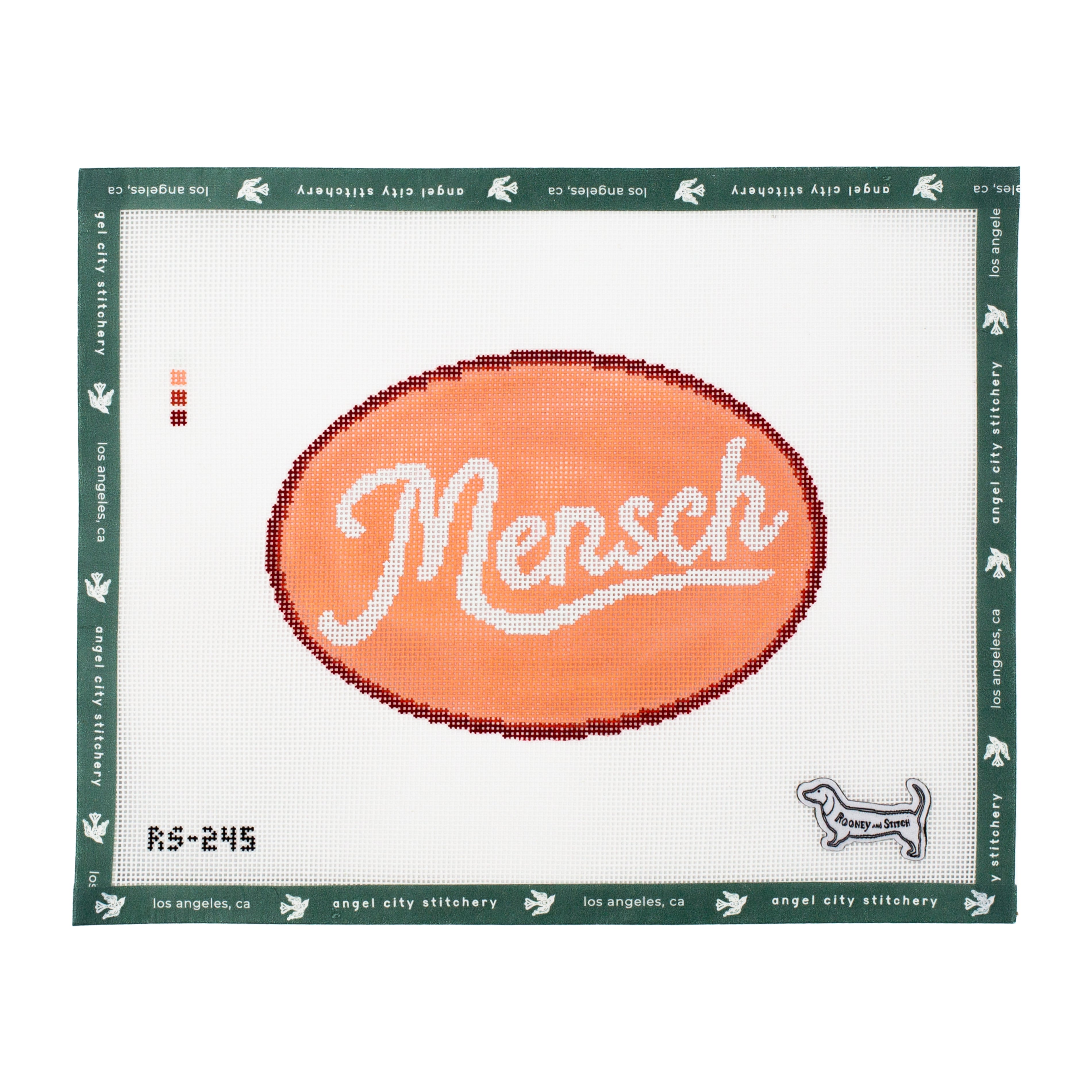 Embroidery canvas with 'Mensch' text on a white background, framed by green border with branding text.