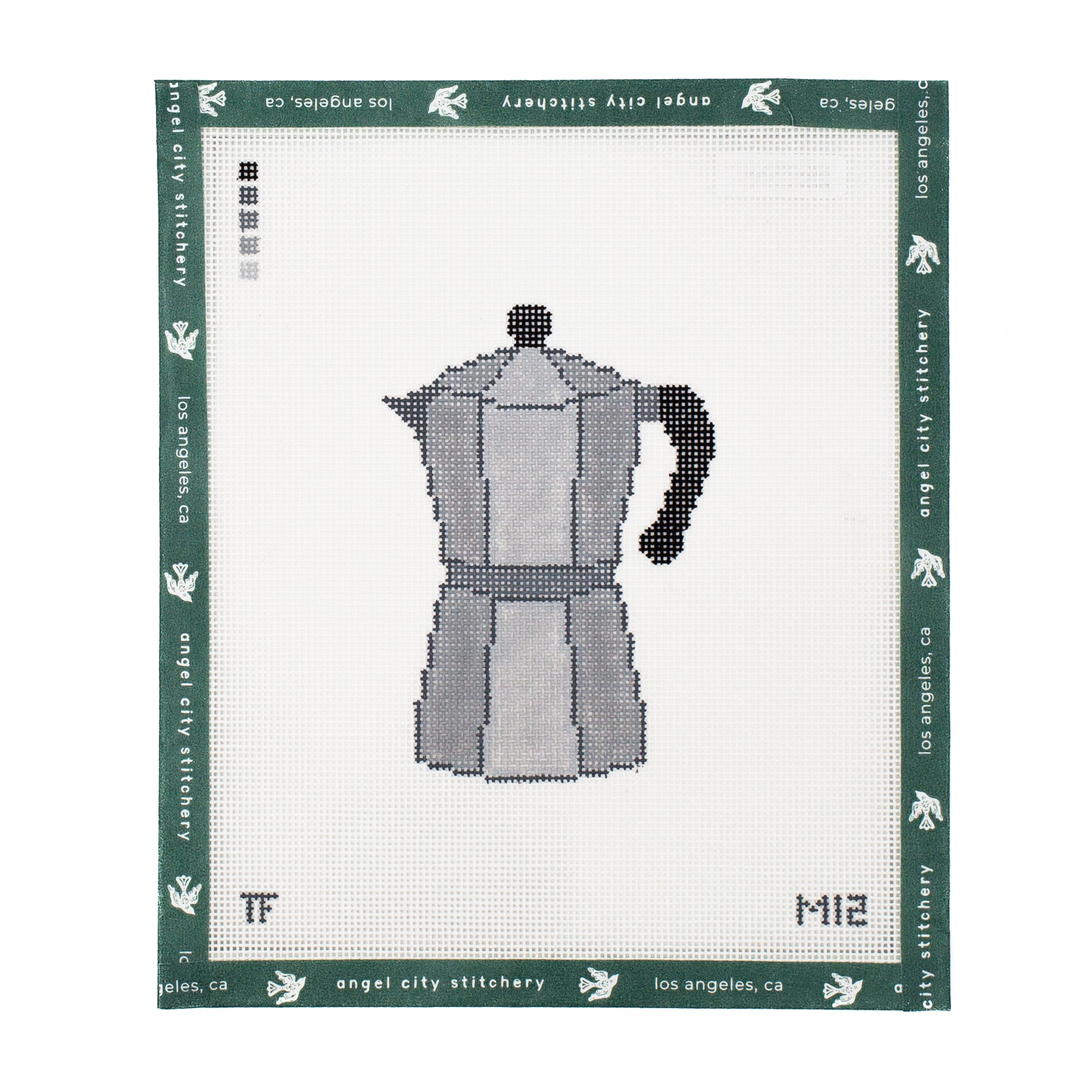 needlepoint canvas pattern for a coffee pot on a white background with green border