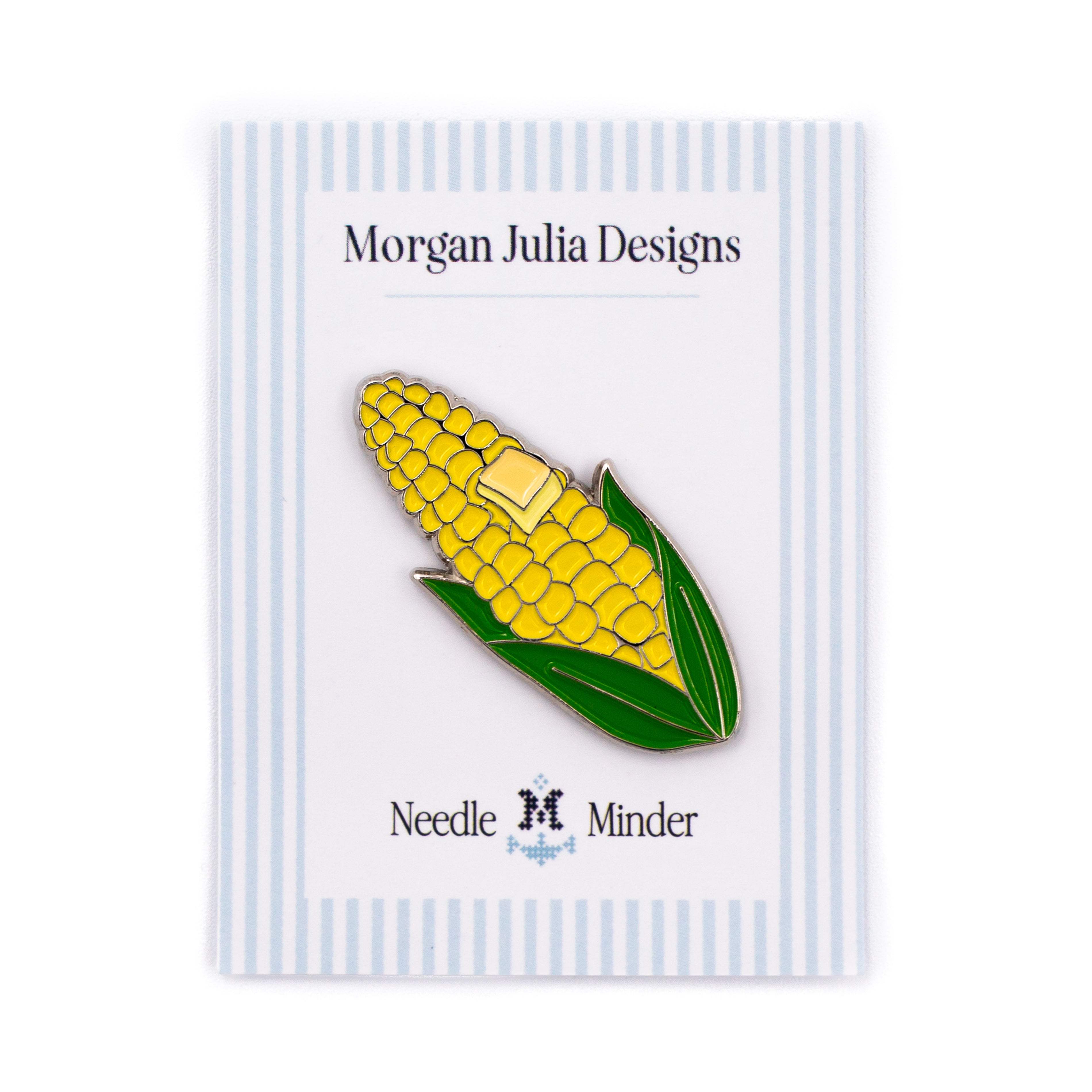 Corn-shaped needle minder on a striped card with 'Morgan Julia Designs' branding