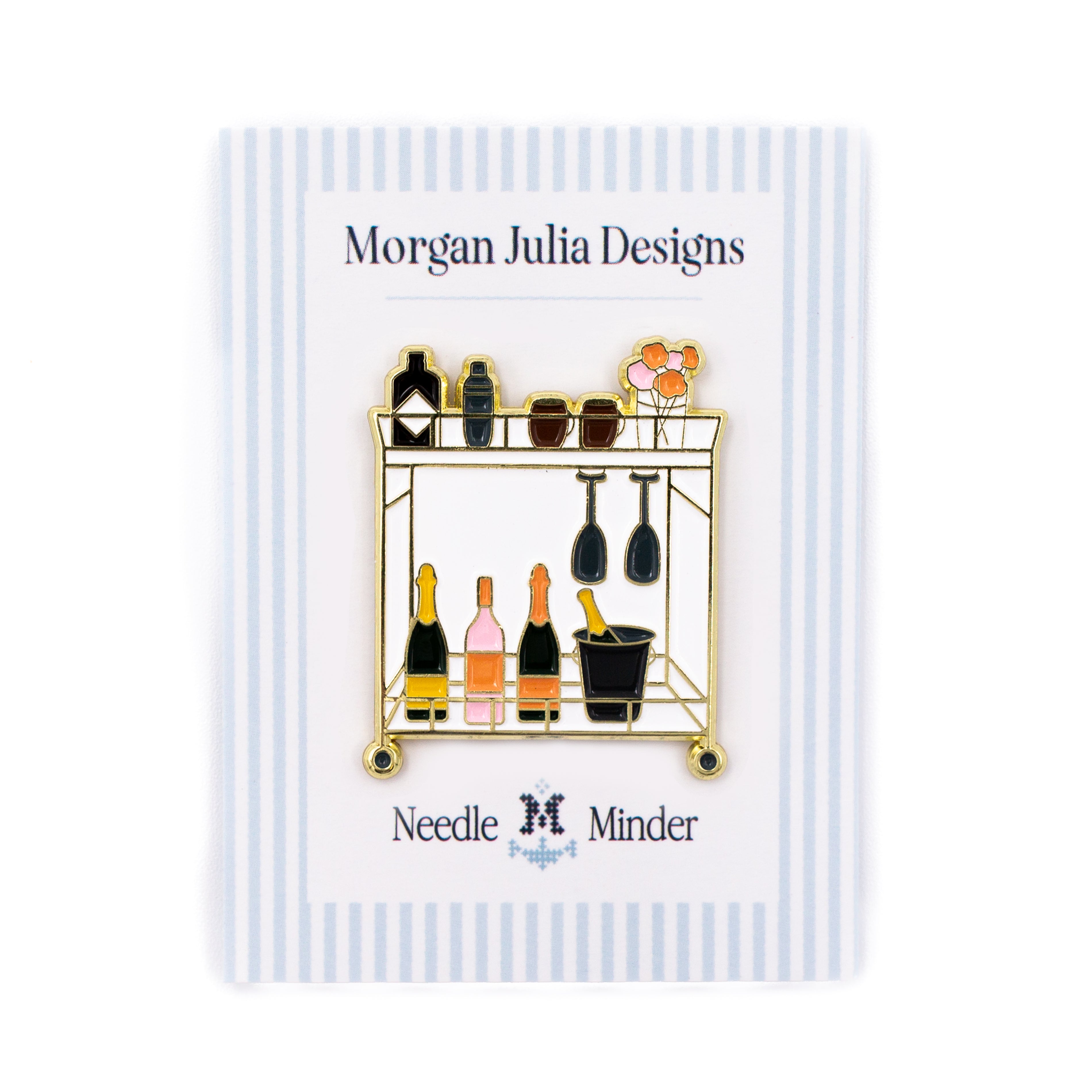 Morgan Julia Designs Needle Minder with bar cart illustration on a striped background