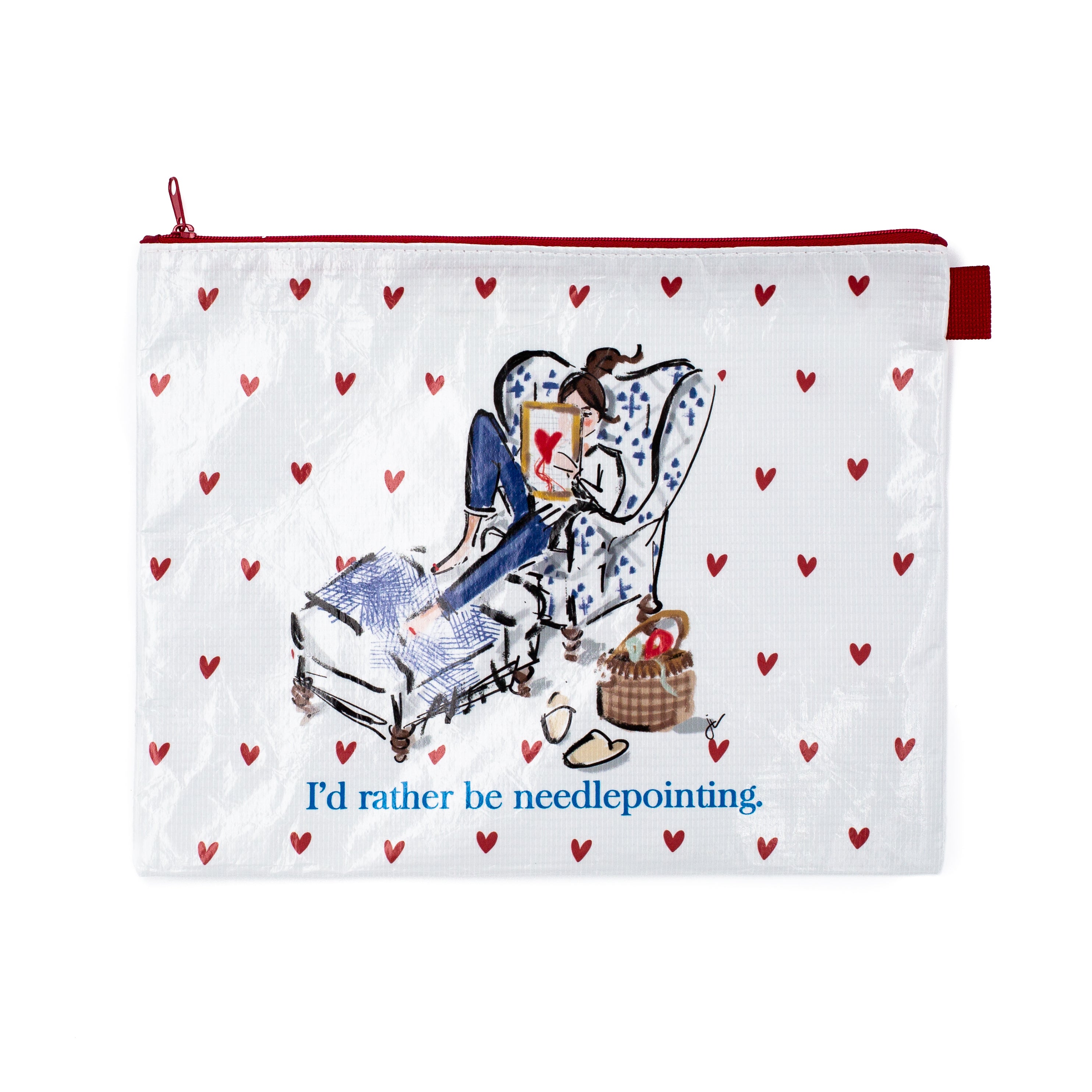 A white zippered pouch decorated with a red heart pattern, a central illustration of a woman needlepointing, and the blue text 'I'd rather be needlepointing.' on a plain white background.