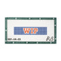 A rectangular needlepoint canvas featuring the letters 'WIP' in orange with a blue pixelated background.