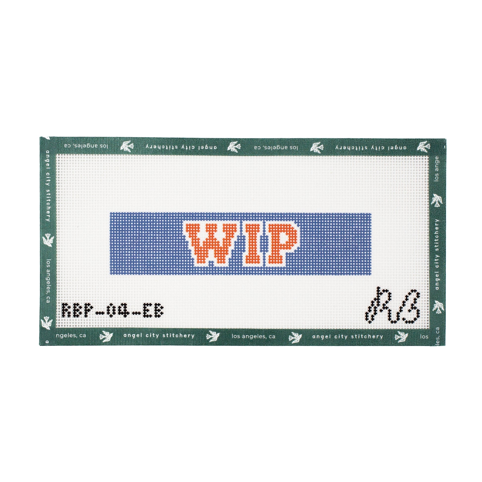 A rectangular needlepoint canvas featuring the letters 'WIP' in orange with a blue pixelated background.