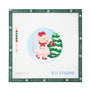 A square needlepoint canvas from EO Studio by Angel City Stitchery, featuring a pixelated mouse in a pink dress next to a green Christmas tree inside a light blue circle.