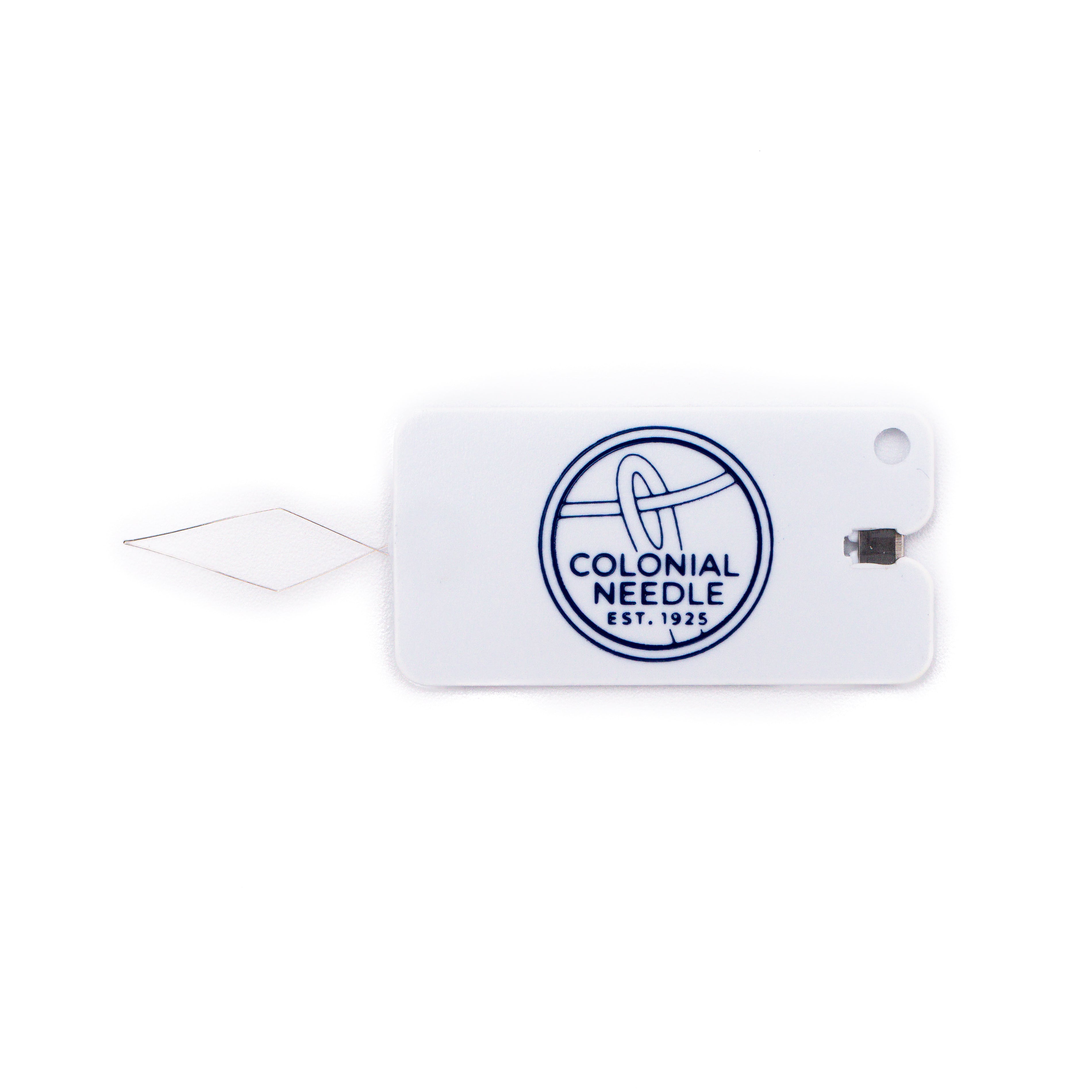 Colonial Needle threader featuring a white plastic handle with the brand logo and a fine wire loop for threading needles