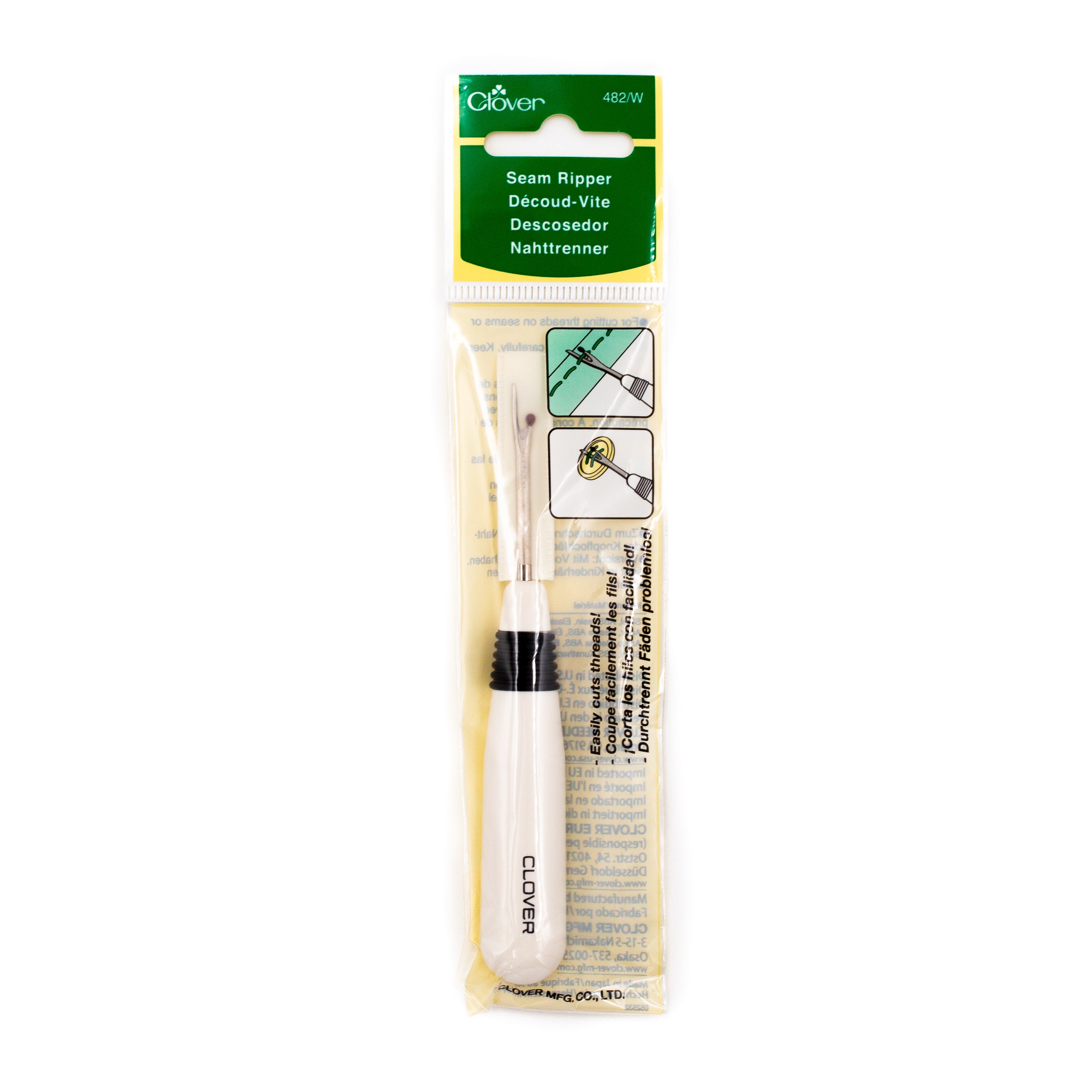 Clover Seam Ripper Decoupling Vise tool in its original retail packaging, featuring a white handle with a black grip and a green header card.