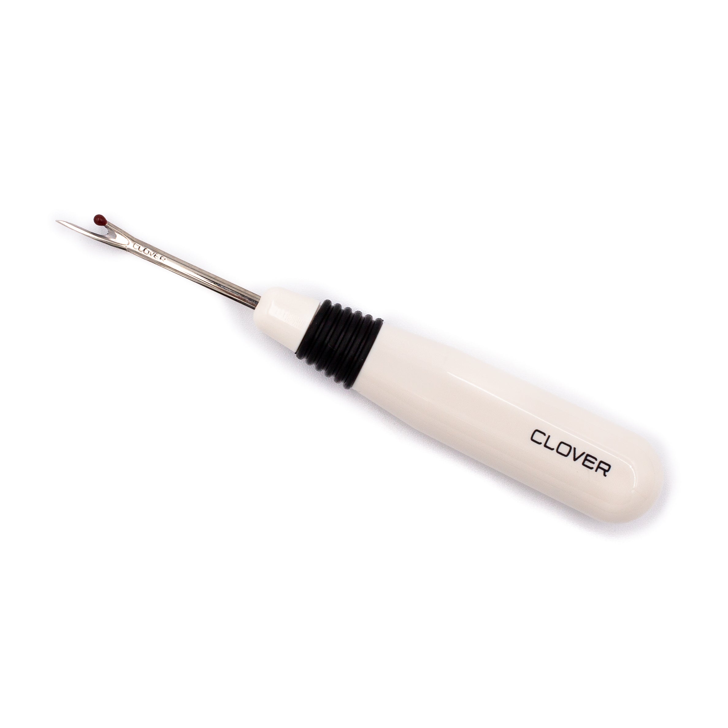 A sewing or tailoring tool with a white handle, black ribbed grip, and metal pointed tip, shown on a plain white background. The handle is printed with the brand name CLOVER.