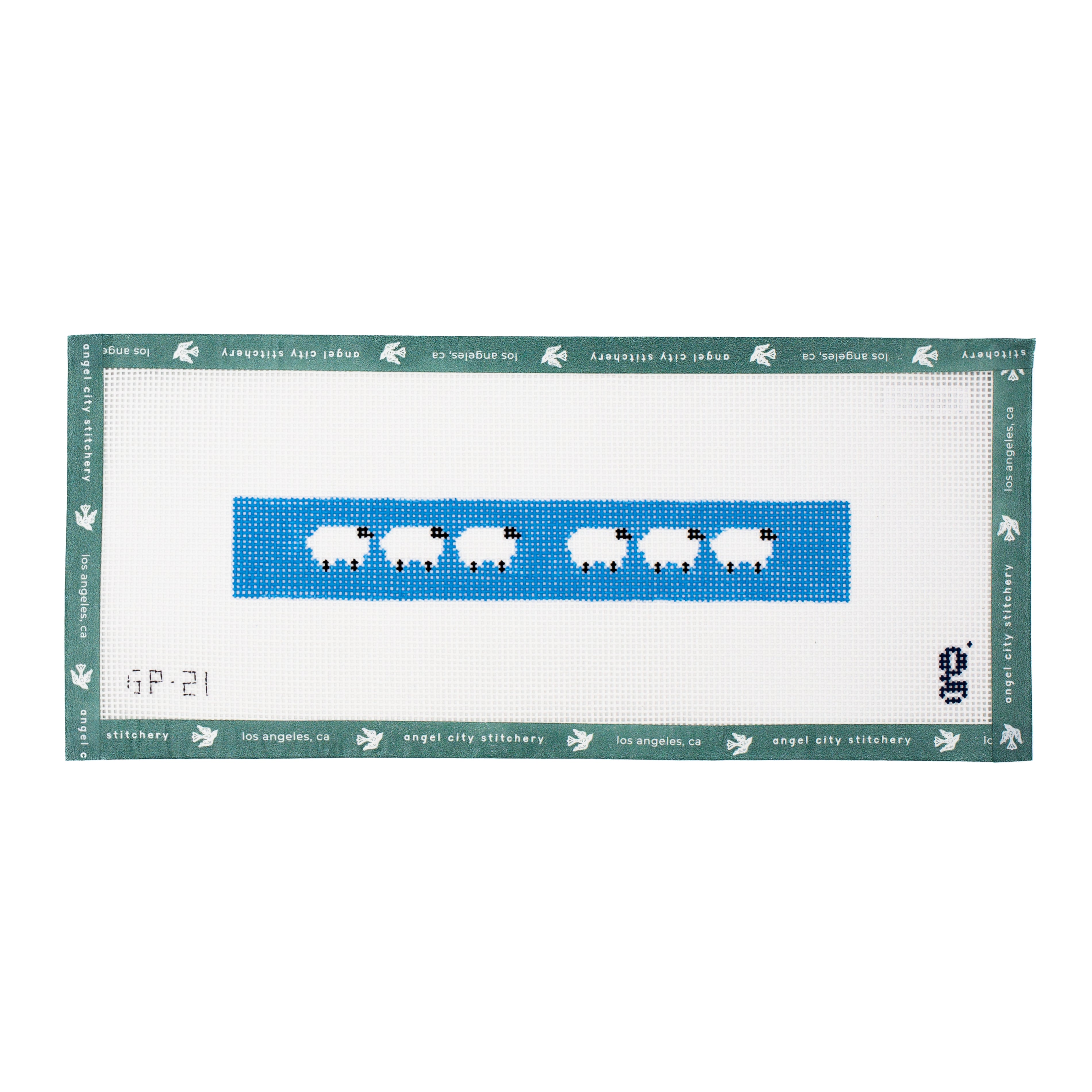 Blue background needlepoint canvas featuring a row of white sheep with black heads and legs