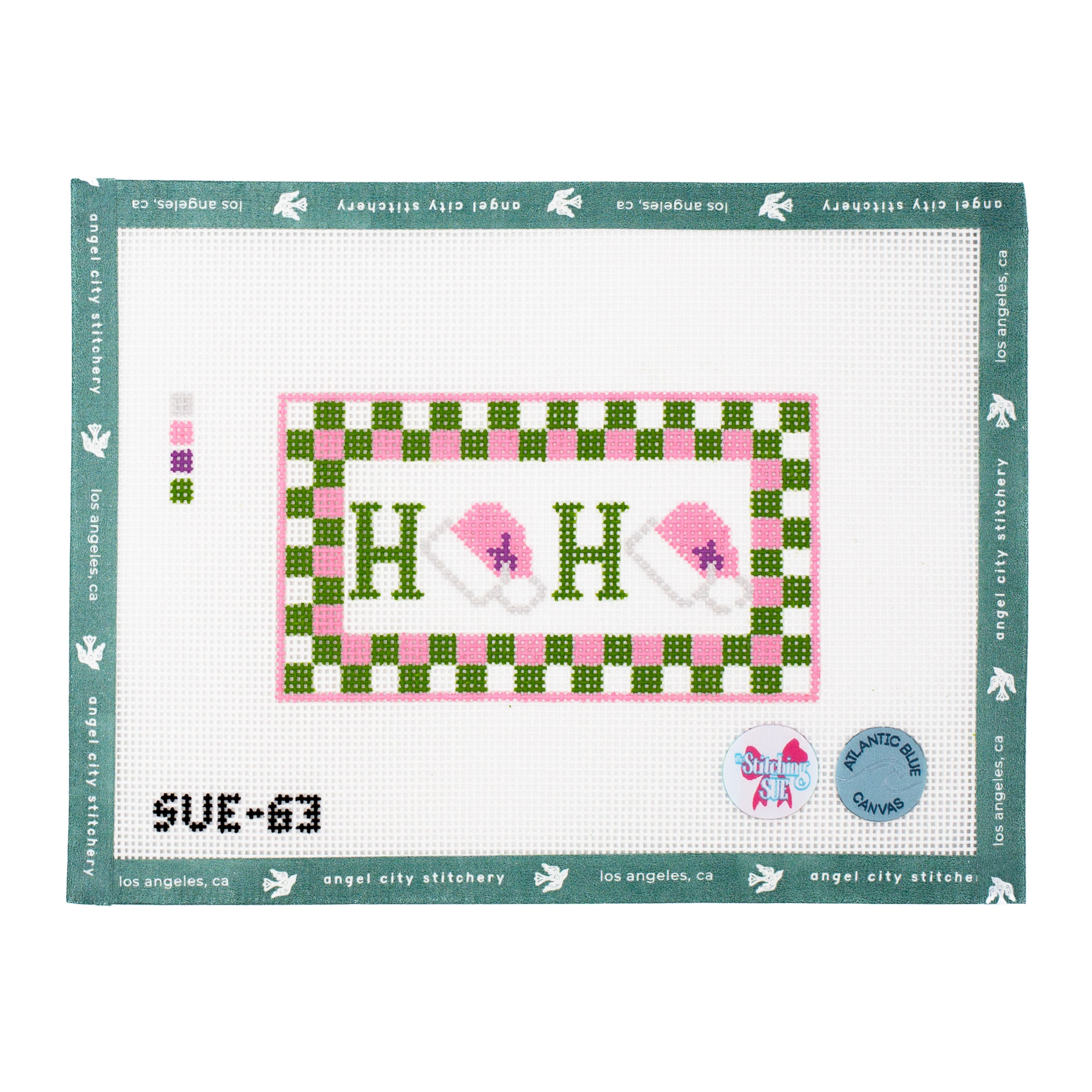 H-H with pink and green stockings and a green and pink checkered border needlepoint canvas by Angel City Stitchery