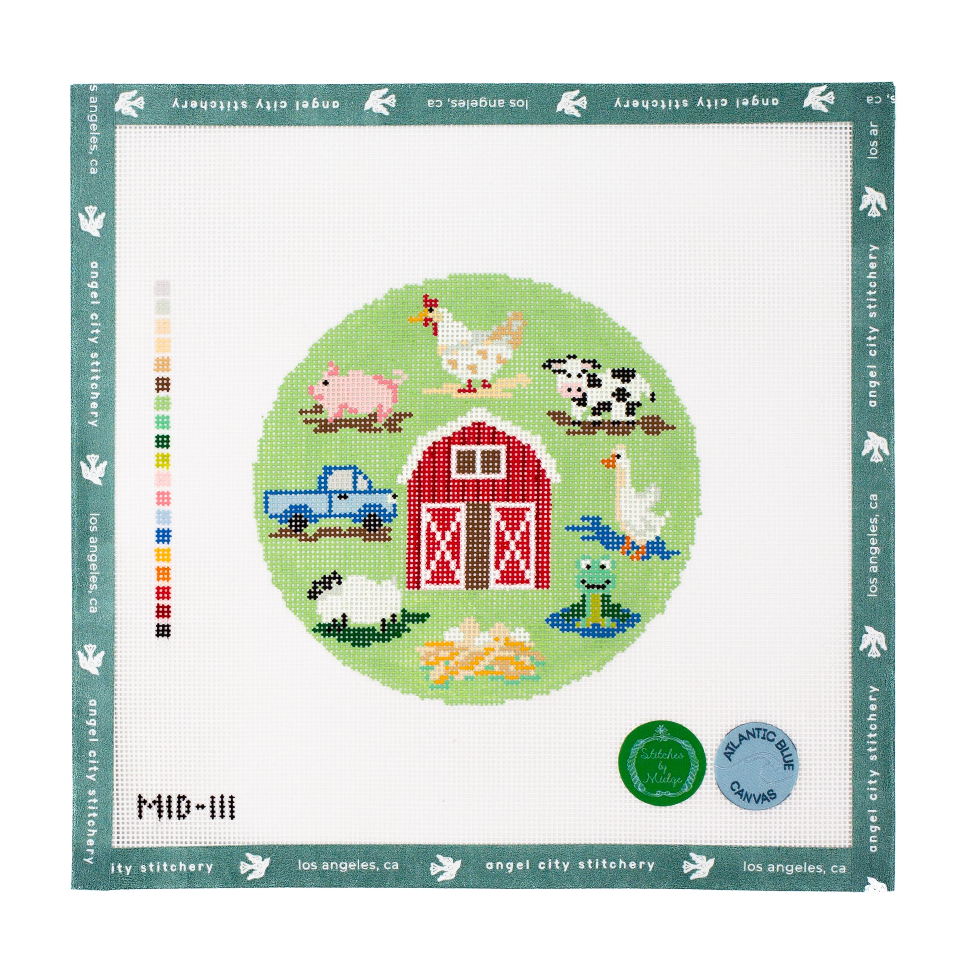 Farm scene with a red barn, animals, and blue truck needlepoint canvas by Angel City Stitchery