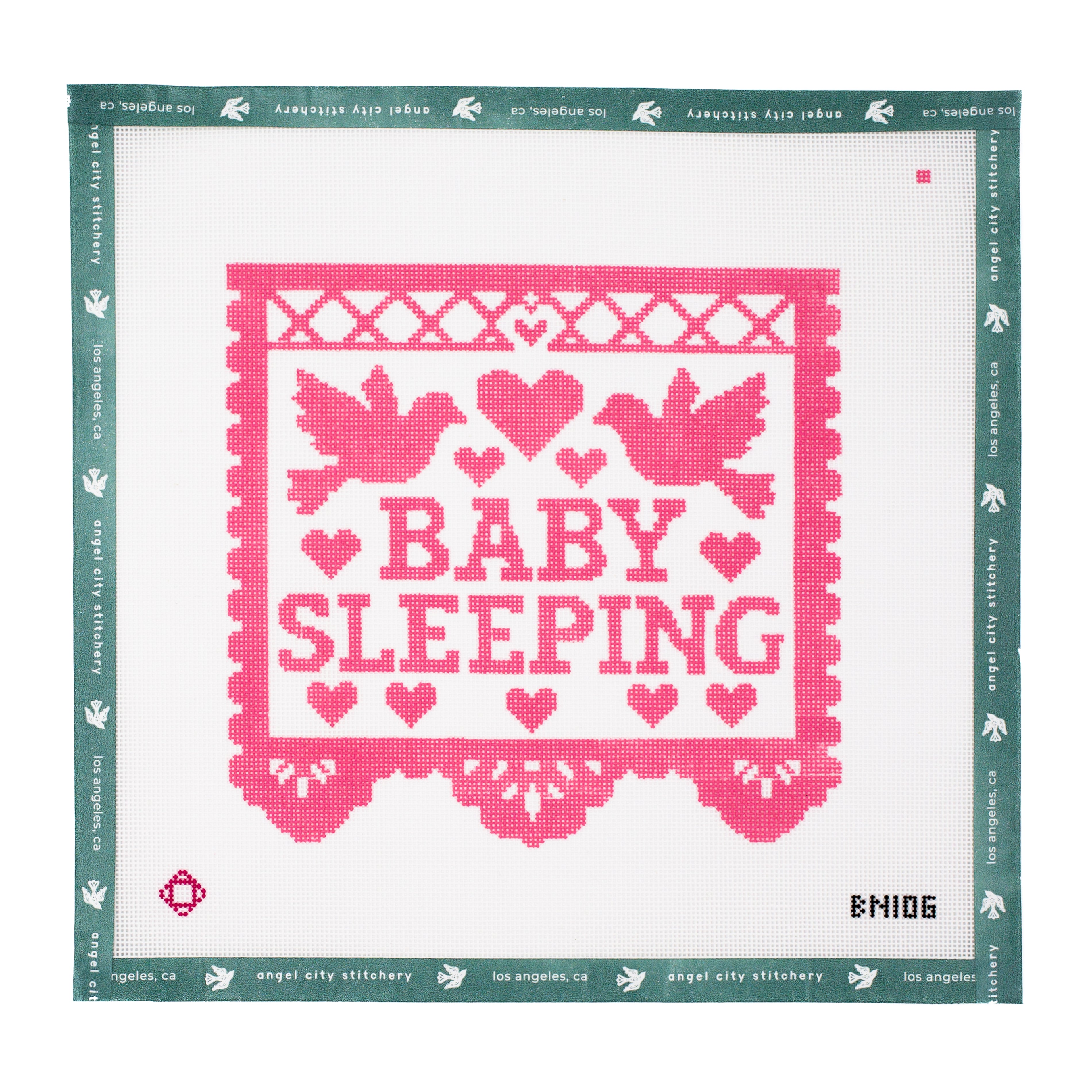 Pink "BABY SLEEPING" needlepoint canvas with doves, hearts, and a decorative border