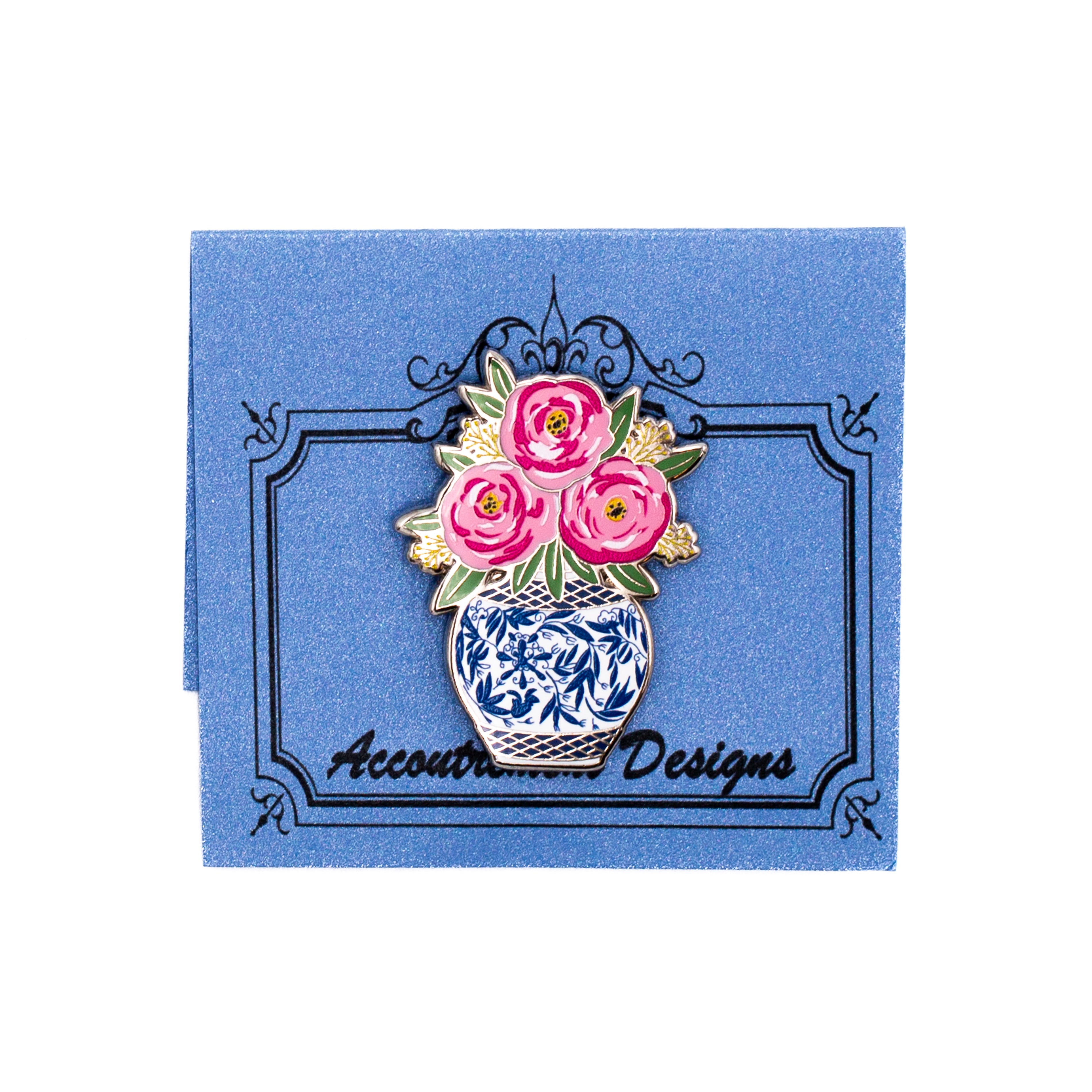 Pink flowers in a blue and white vase enamel pin by Angel City Stitchery