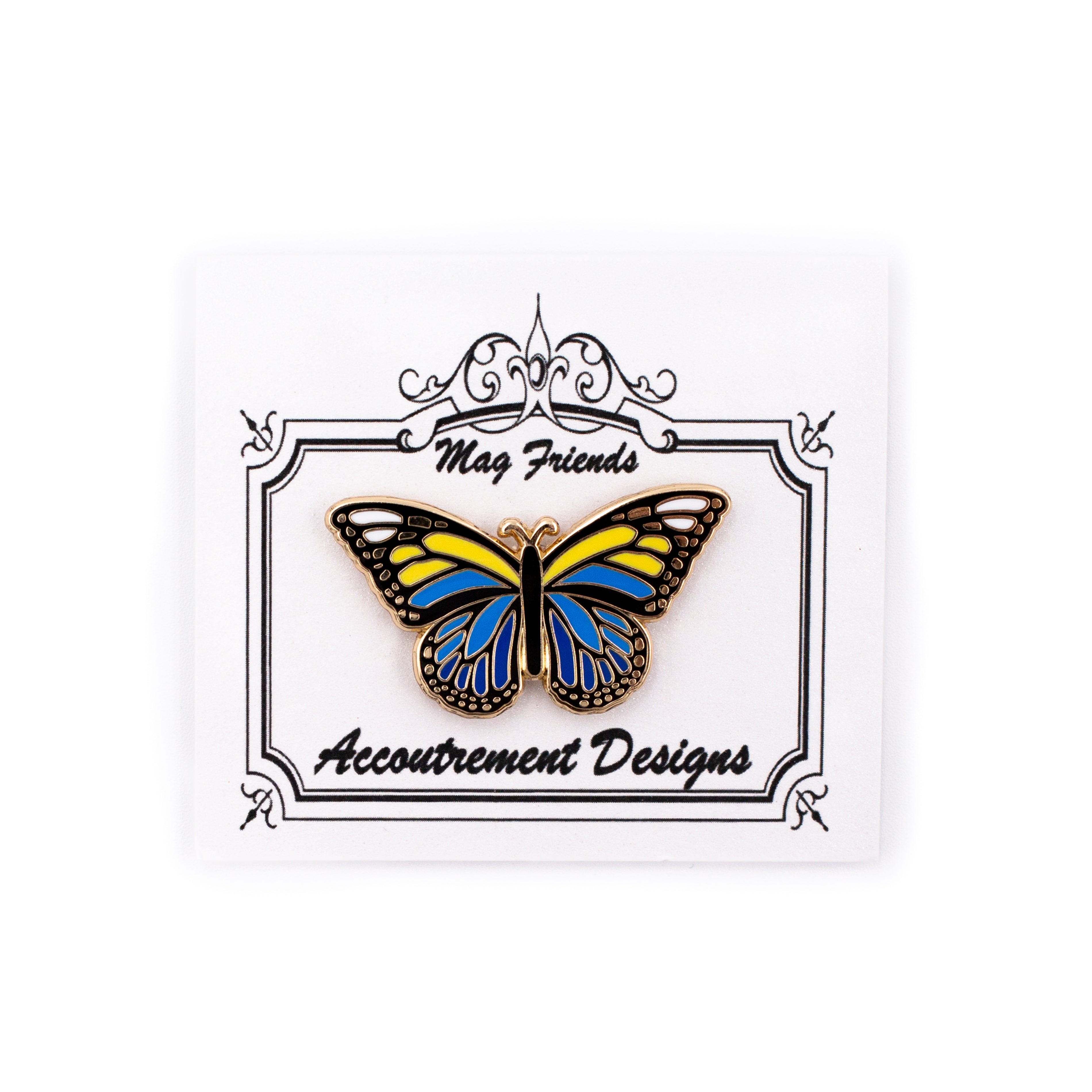 Yellow and blue butterfly enamel pin by Angel City Stitchery
