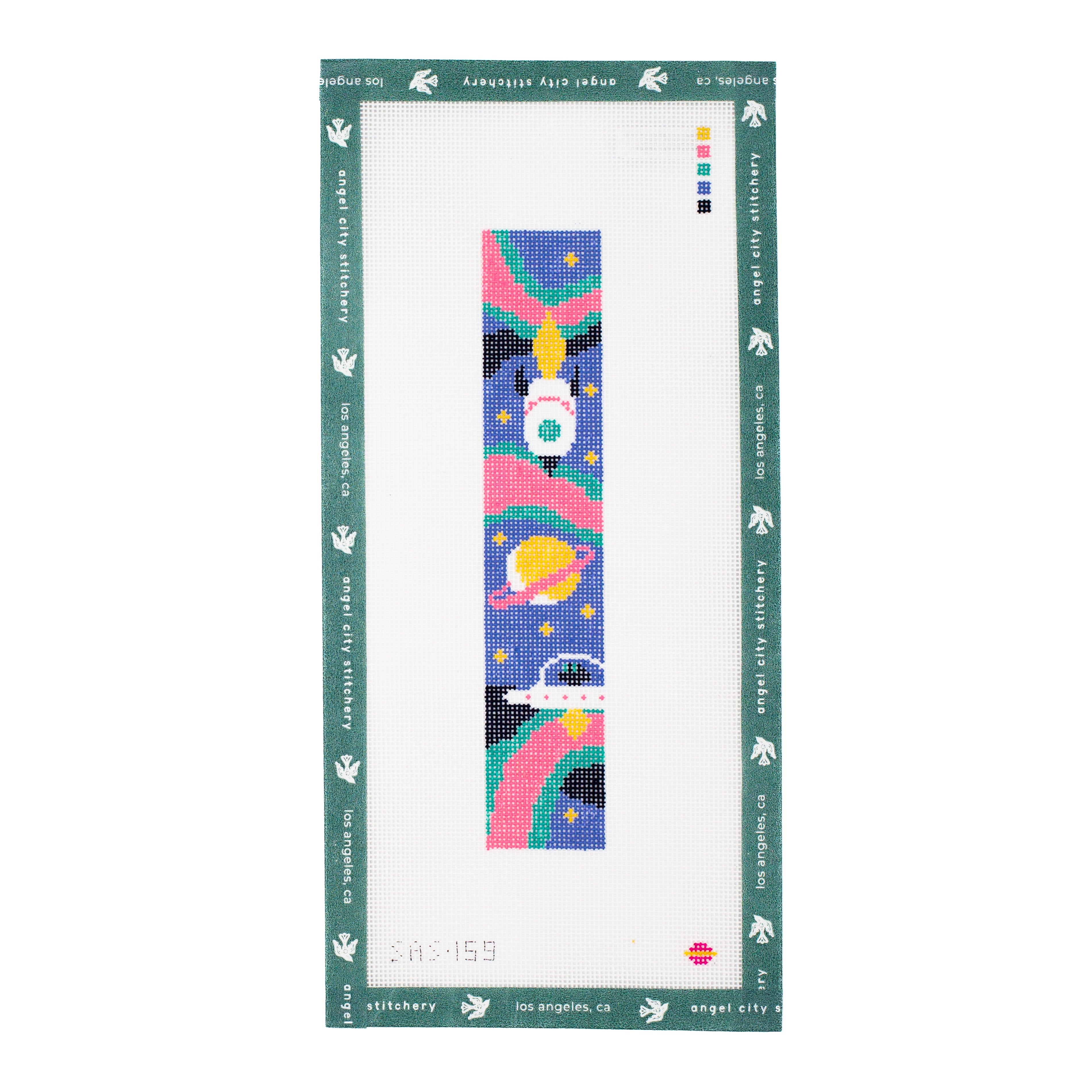 Outer space rocket and UFO needlepoint canvas by Angel City Stitchery