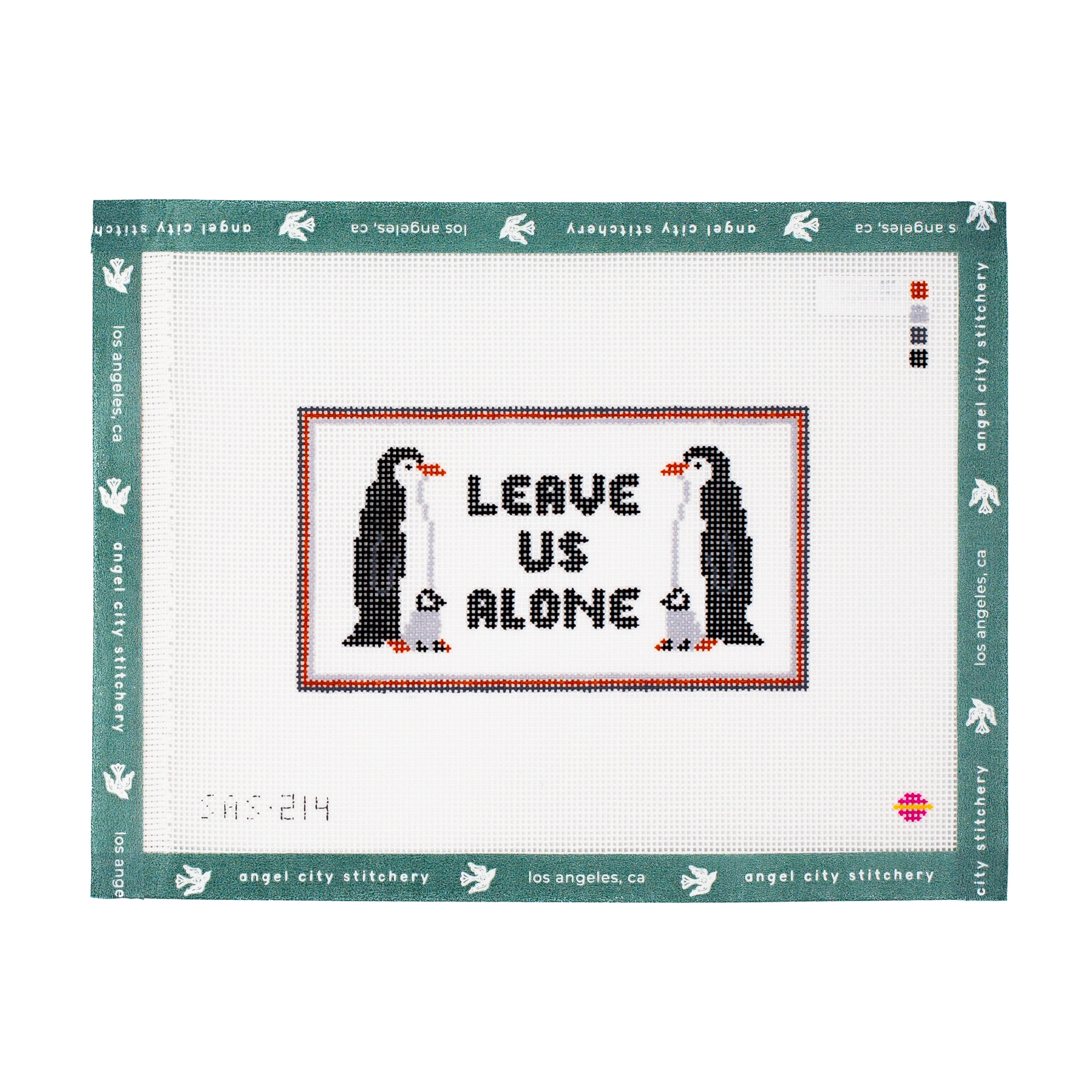 Leave Us Alone penguins needlepoint canvas by Angel City Stitchery